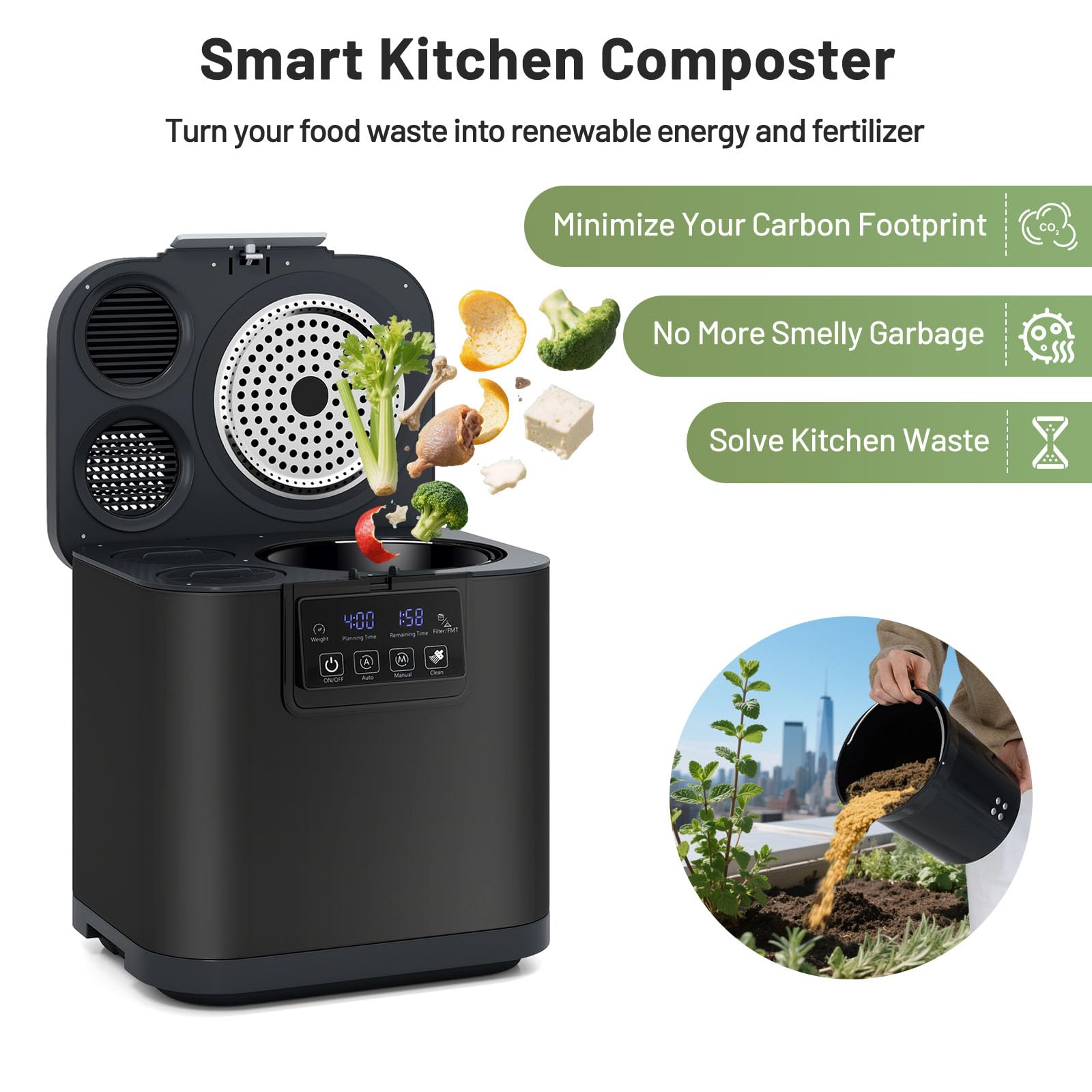 GiantexUK Elektrischer Komposter, 4 l, intelligenter automatischer Arbeitsplatten-Komposteimer mit Auto-Reinigungsmodus, Kohlefiltern und LED-Display, für drinnen und draußen, geruchlose