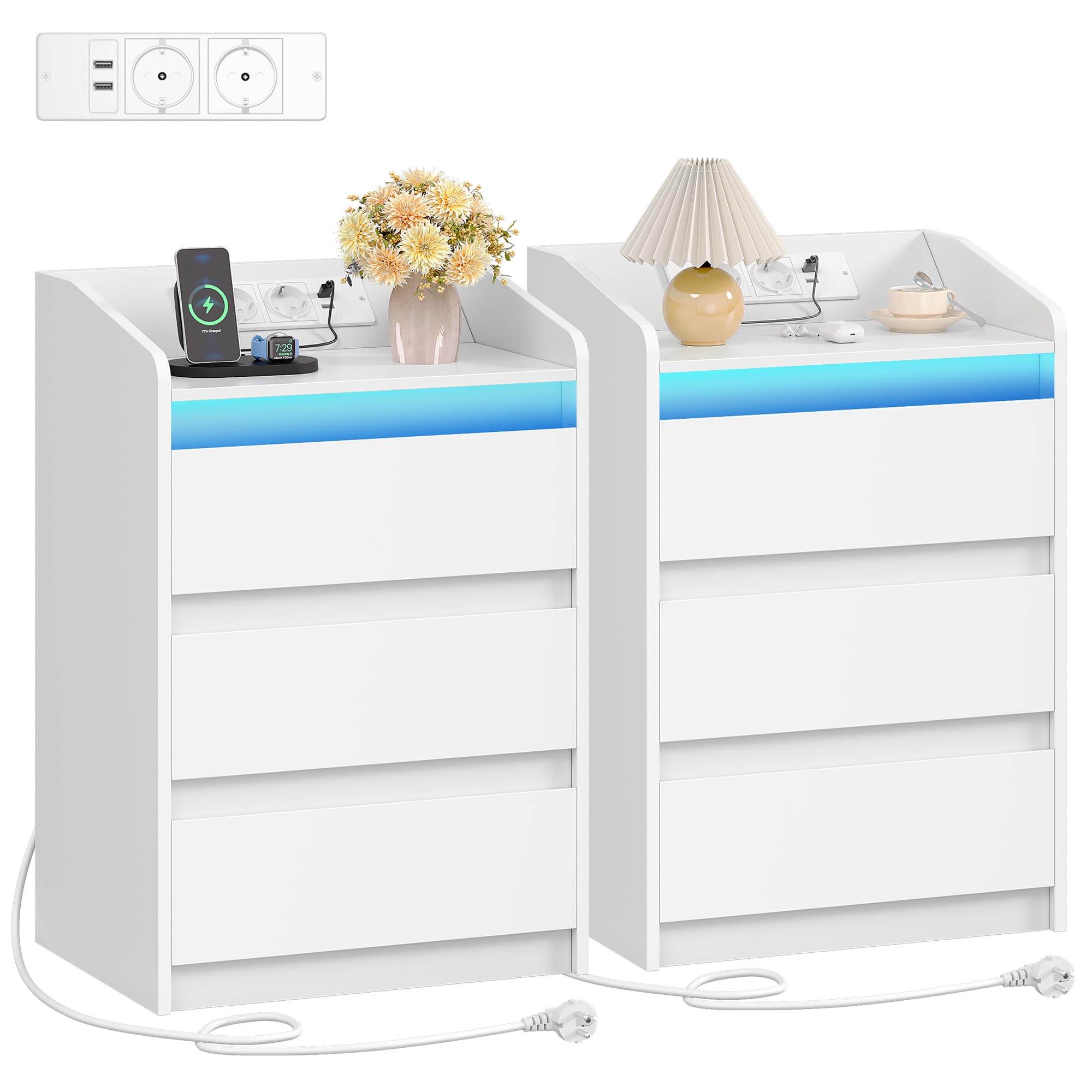 Hzuaneri Comodino Set di 2 con 3 Cassetti, Stazione di Ricarica LED, Bianco | Tavolino, 2 Prese CA e 2 Porte USB per Camera da Letto, Soggiorno, NS40103X
