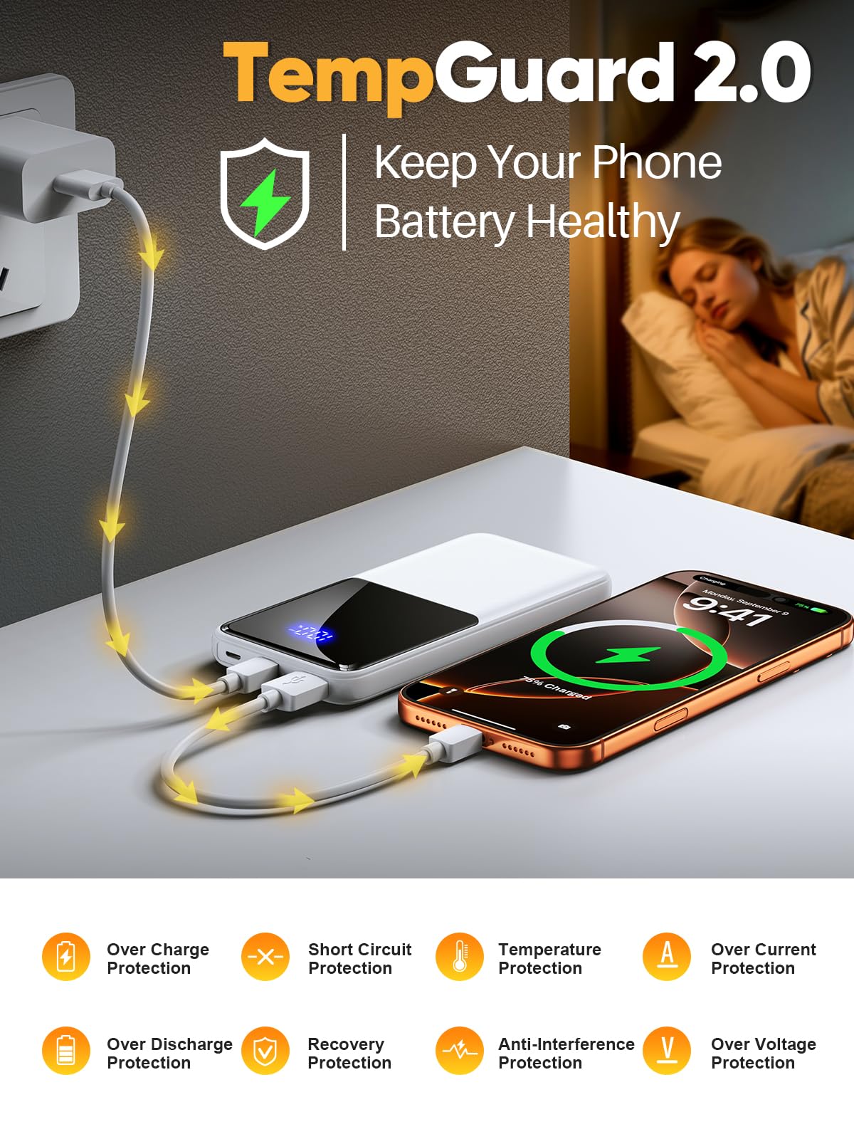 Cargador portátil de batería de 15000 mAh, cargador portátil para teléfono con cables integrados de 22,5 W, batería externa de carga rápida compatible con iPhone, Android, Samsung, esencial para