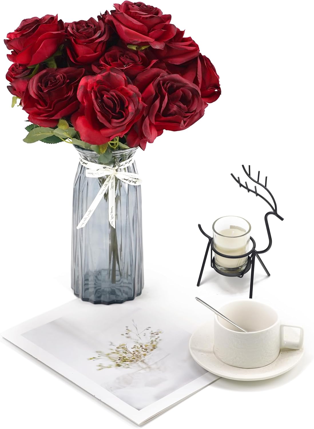2 Branches Decorative Red Artificial Tea Rose Flower Bouquet 40cm Tall