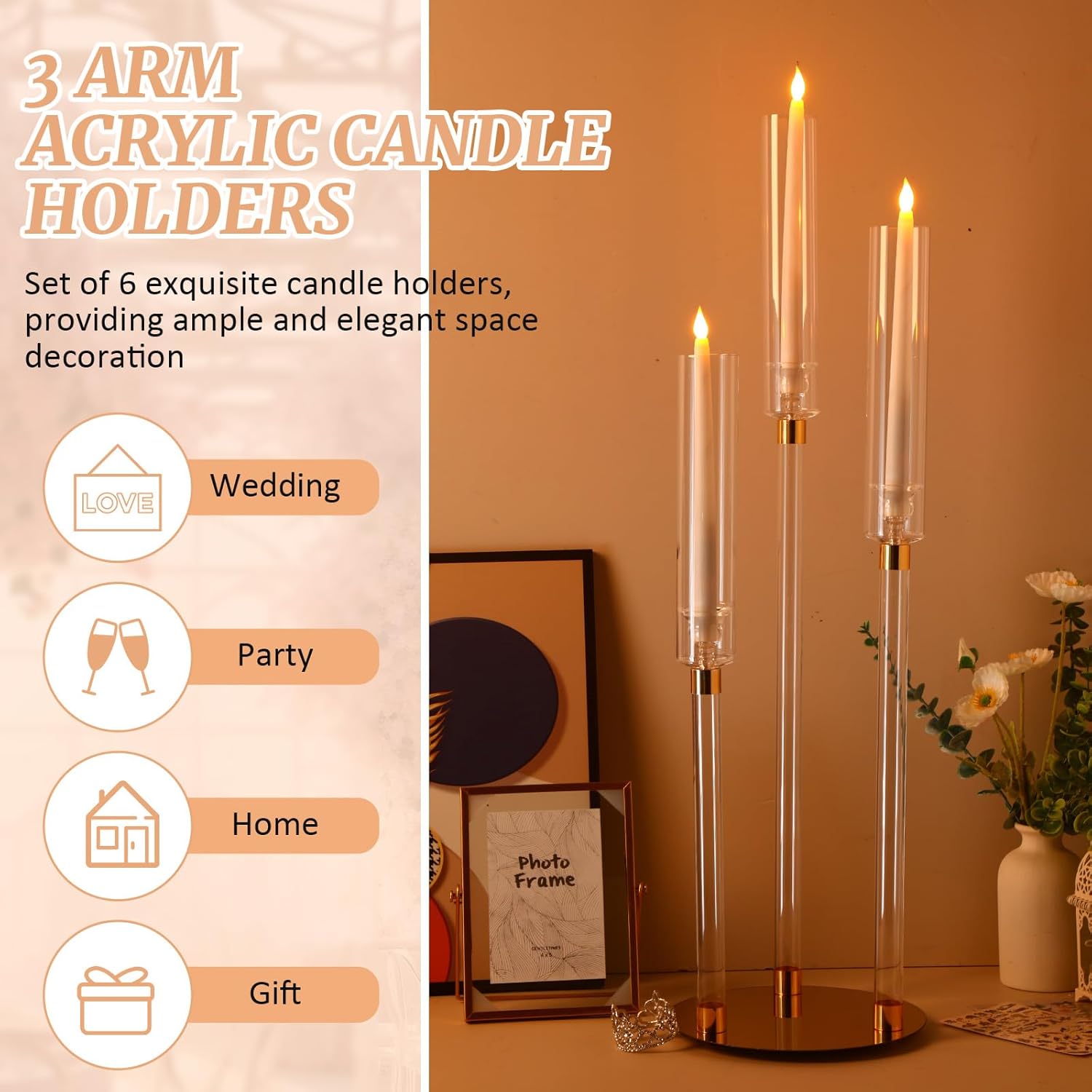 Layhit 6 Pack Acrylic Candelabra Centerpieces 30.5'' Tall Clear Candle Holder Gold 3 Arm Crystal Candle Holder Candlesticks Holder with Clear Lampshade for Wedding Party Fit 0.8 LED Candlesticks