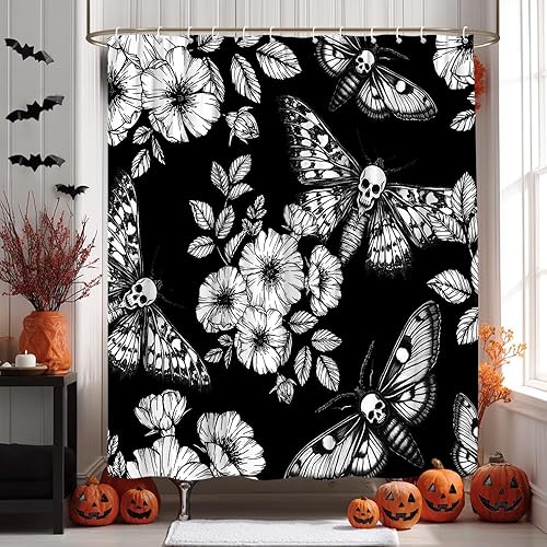 Cortina de ducha gótica con diseño de calavera y polilla, diseño vintage de esqueleto, flores negras, flores retro, flores botánicas, misteriosas