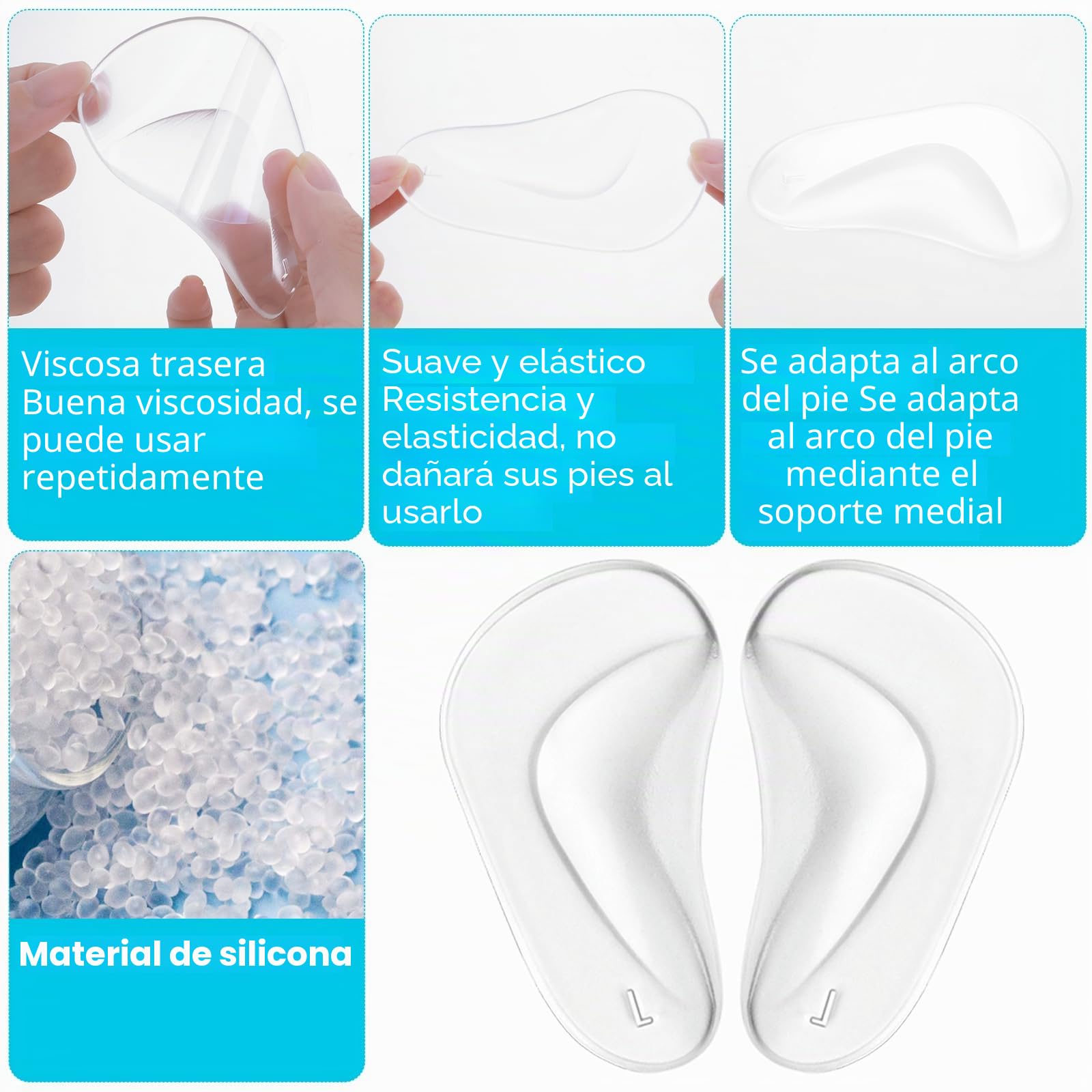 COMNICO 3 Pares Plantillas Autoadhesivas Gel Suave Silicona Transparente Alivio Fascitis Plantar Pies Planos