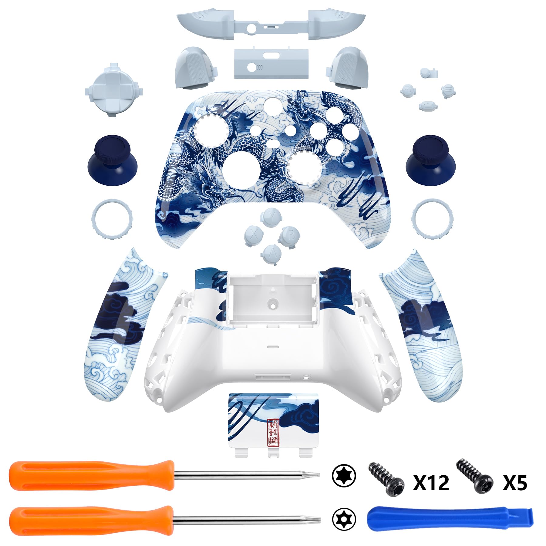 eXtremeRate Full Case & Buttons für Xbox Series X&S Controller, DIY-Ersatz Gehäuse Skin Faceplate/Back Cover/D-Pad Trigger Tasten/Thumbsticks Ersatzteile Set für Xbox Core Controller-Porzellan Drache