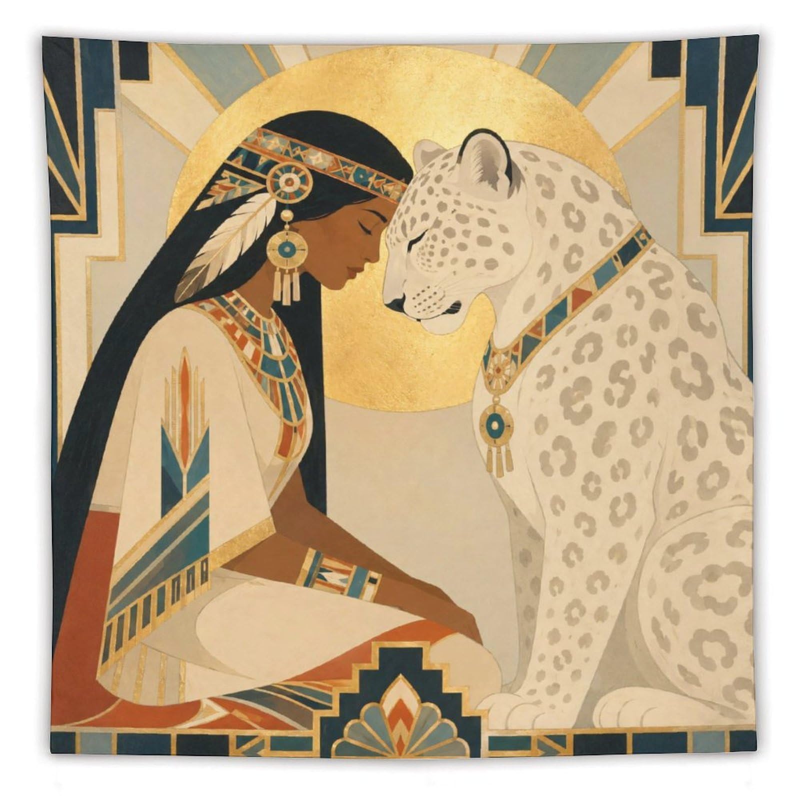 W7C8U2X3 Woman and White Leopard Wall Tapestry, Geometric Art, Art Deco