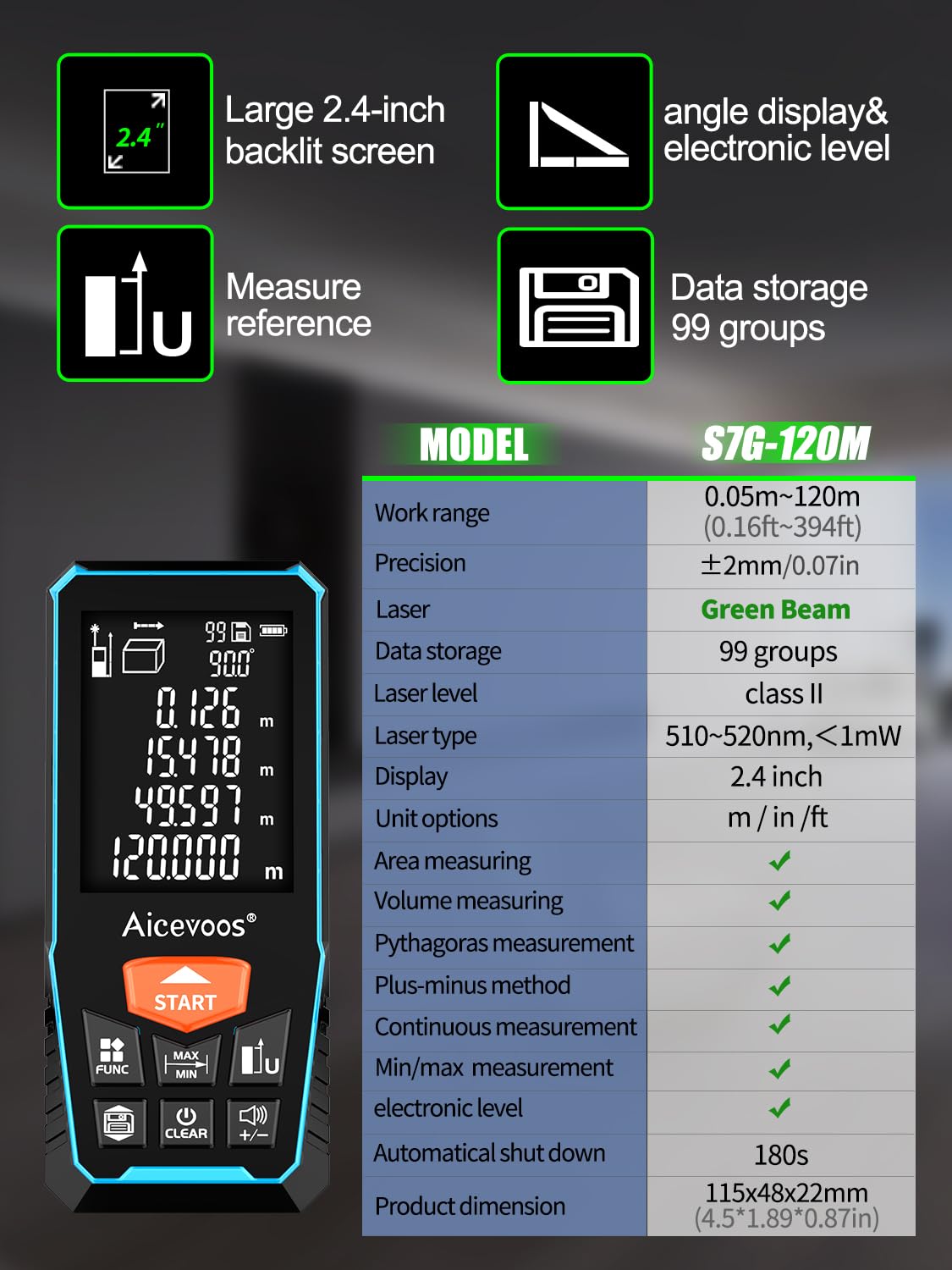 Medidor Láser, Metro Laser 120m, Medidor Láser Distancia con Pantalla Grande con luz de Fondo, Cambio de Unidad M/in/Ft, Nivel Digital, Haz Verde
