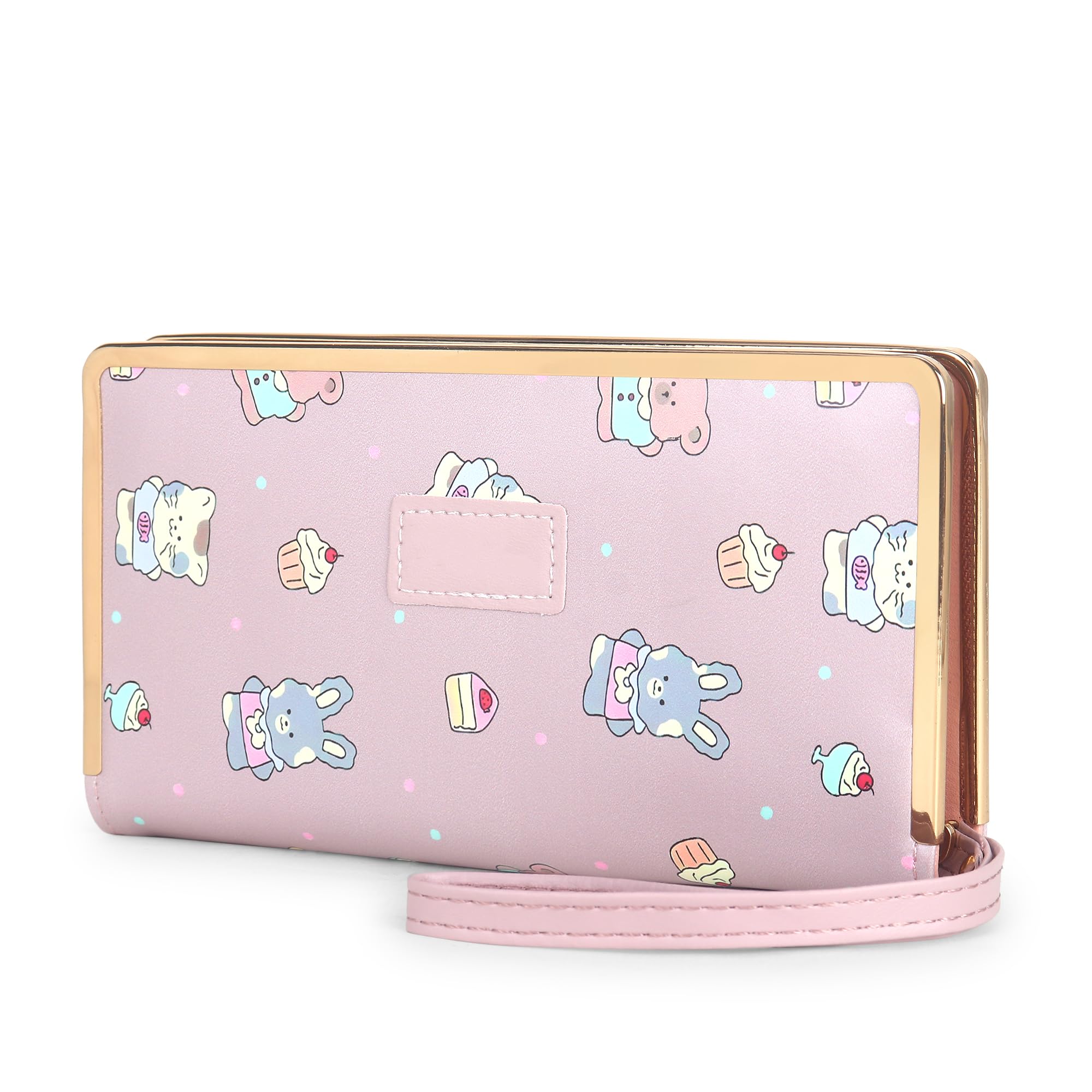 Cute Pink Cartoon Animal Wallet for Women & Girls | Stylish PU Leather Long Clutch Purse with Wrist Strap | Adorable Bunny Cat Cupcake Print Fashion Wallet-image-0