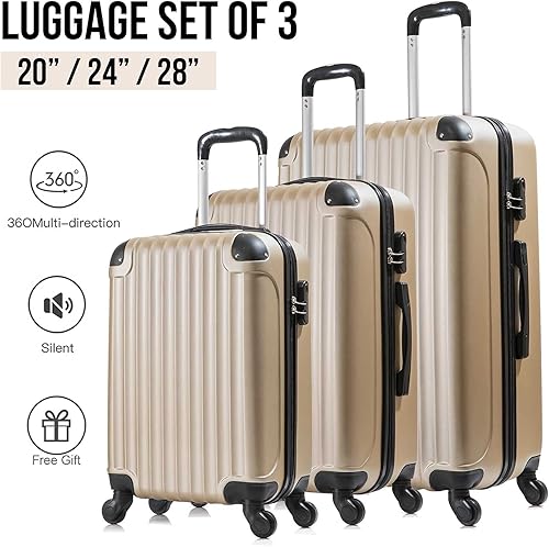 Miniatura 4 de Juego de 3 equipajes, juego de equipaje giratorio rígido con rueda, maleta ligera de ABS con cerradura, equipaje de viaje de 20 pulgadas, 24