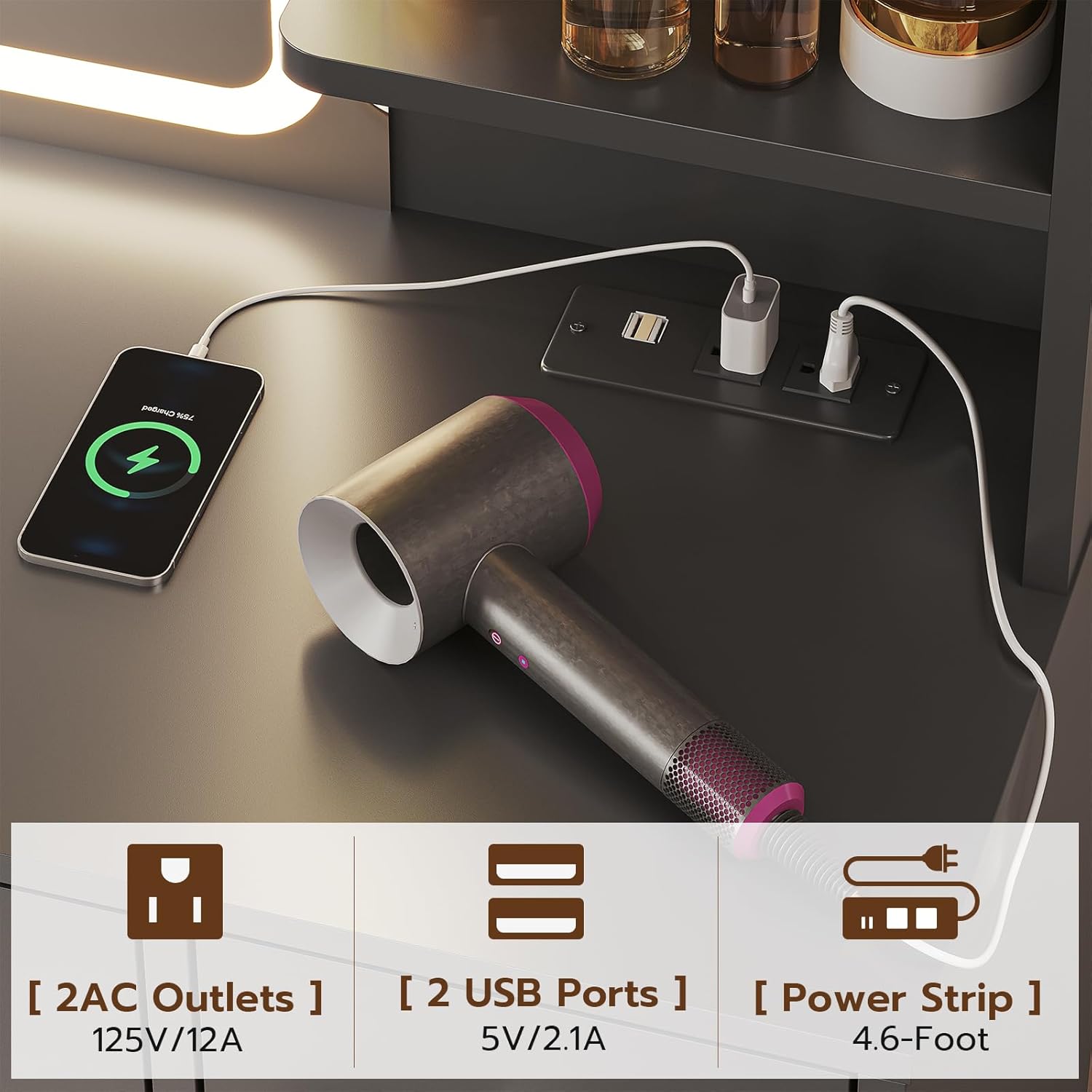 Built-in Power Outlet and USB Charging Ports