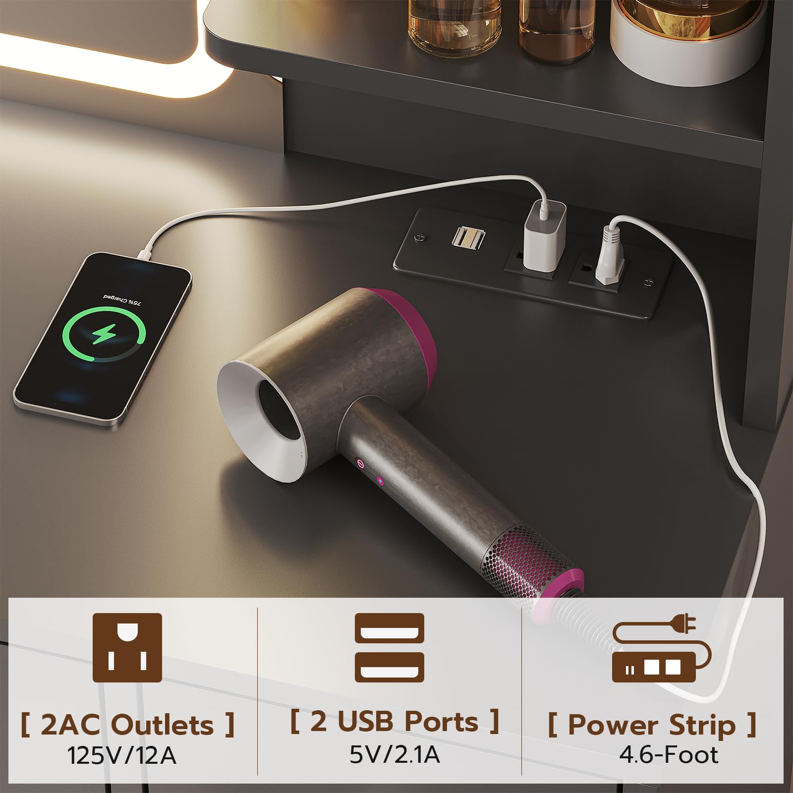 Tiptiper Large Makeup Vanity with Lights, Vanity Desk with LED Mirror & Charging Station, Vanity Set with 5 Drawers, 4 Cabinets & Time Display, Black