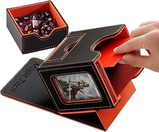 Mage Tech Card Deck Box for MTG Commander - Patented Design, Commander Display, As Deck Holder, Fits 100 Double-Sleeved Cards, Include 35pt Card Brick & Dice Tray - Horizontal Grey/Orange