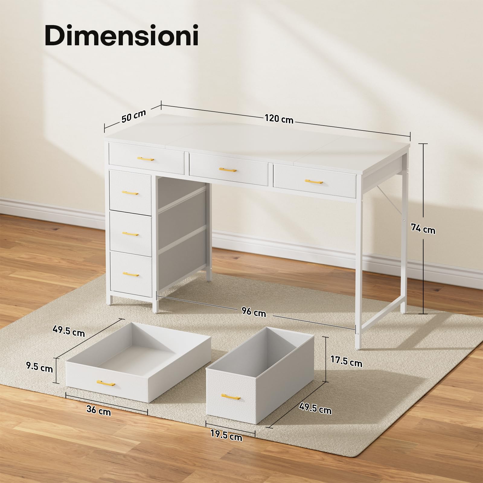 SOLAVERO Scrivania con 6 Cassetti in Tessuto, 120 x 50 cm Scrivania Salvaspazio Reversibile, Tavolo Computer per Casa Ufficio, Camera da Letto, Soggiorno, Bianco