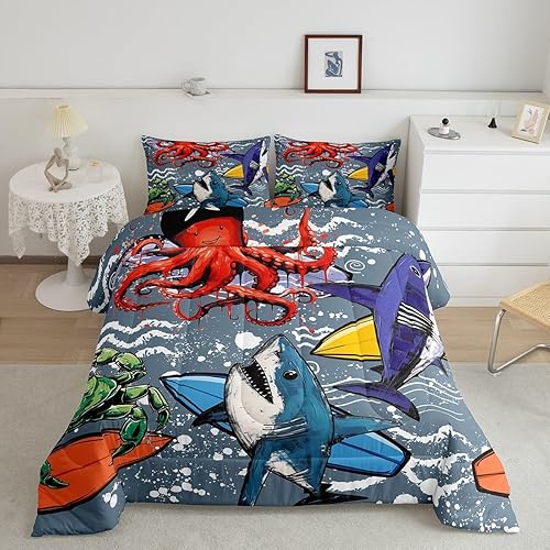 Feelyou Kids Comforter Queen Size Cute Shark Comforter Set Cartoon Octopus Beddi