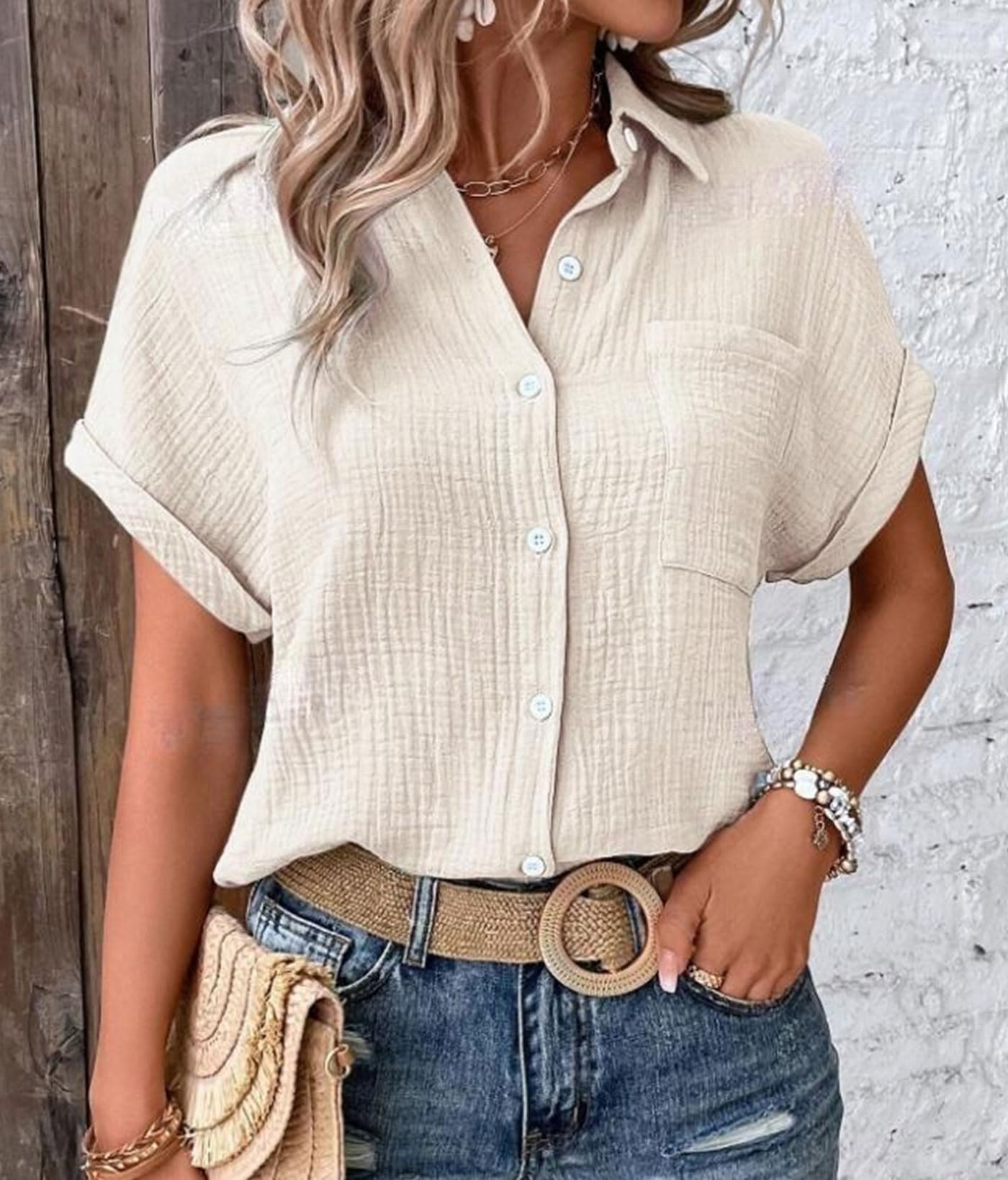 Camicetta estiva da donna, a maniche corte, casual, in cotone, con scollo a V, con bottoni e tasca, albicocca, L
