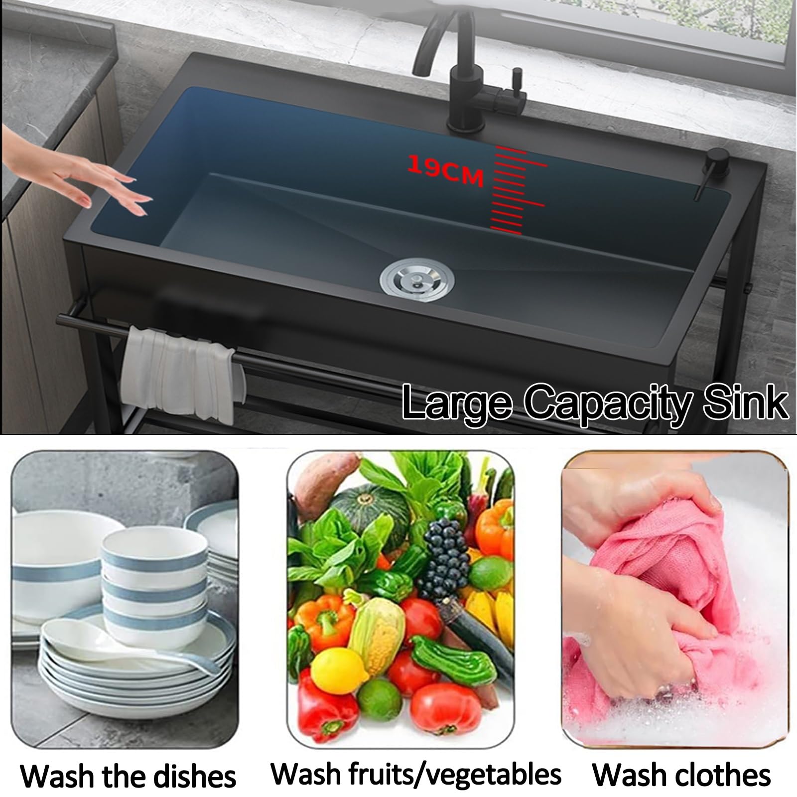 Edelstahlspüle, Küchenspülen mit Einzelbecken, Spülbecken für Waschküche und Hauswirtschaftsraum, freistehende Spüle mit Ablage, tragbare Spülen mit Wasserhahn, einfache gewerbliche Spüle, Gartenspül