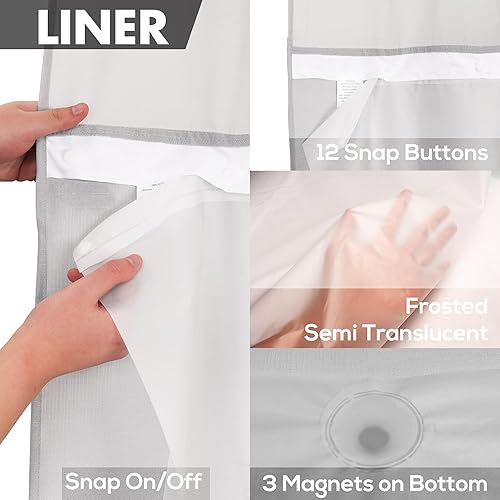 Miniatura 5 de River Dream Cortina de Ducha Texturizada Slub Sin Gancho con Juego de Forro de PEVA a Presión - 71" x 74"(72"), Estilo Hotel con Ventana Superior