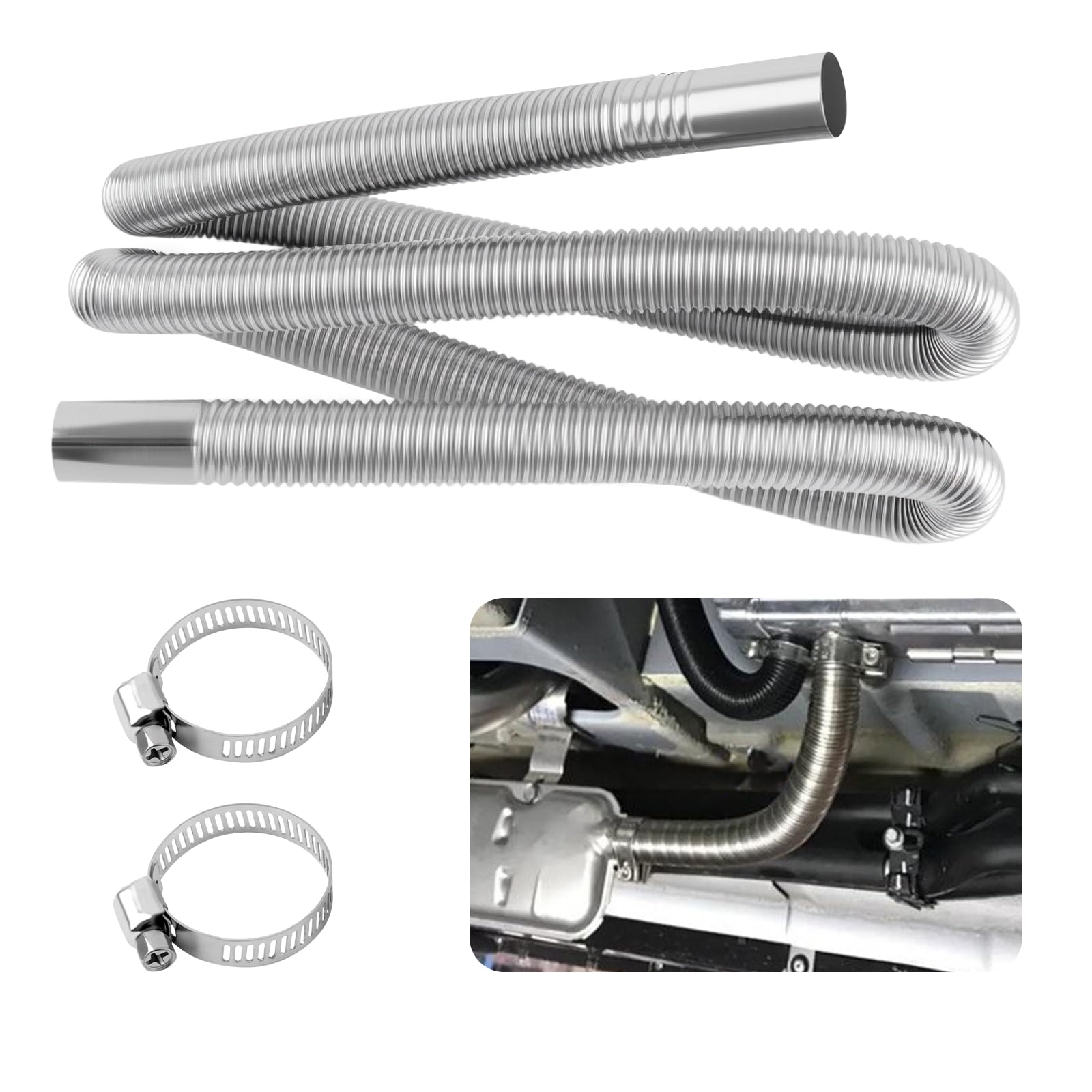 59" Diesel Heater Exhaust Pipe,Stainless Steel Pipe Kit with 2 Hose Clamps for Diesel Air Heater,Anti-Rust 1inch ID Flexible Exhaust Pipe Car Accessories for Most Trucks,SUVs,RVs (59")-image-32