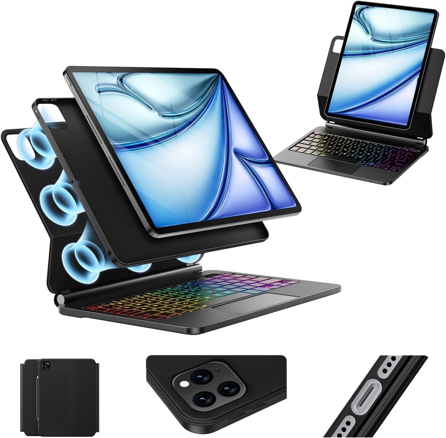 Keyboard Case for iPad Air 13 inch (M4/2026 /M3 2025/M2, 2024),iPad Pro 12.9 inch (3/4/5/6th Gen)，Easy-Set Magnetic Stand– 7-Color Backlit - Removable Cases with Multi-Touch Trackpad