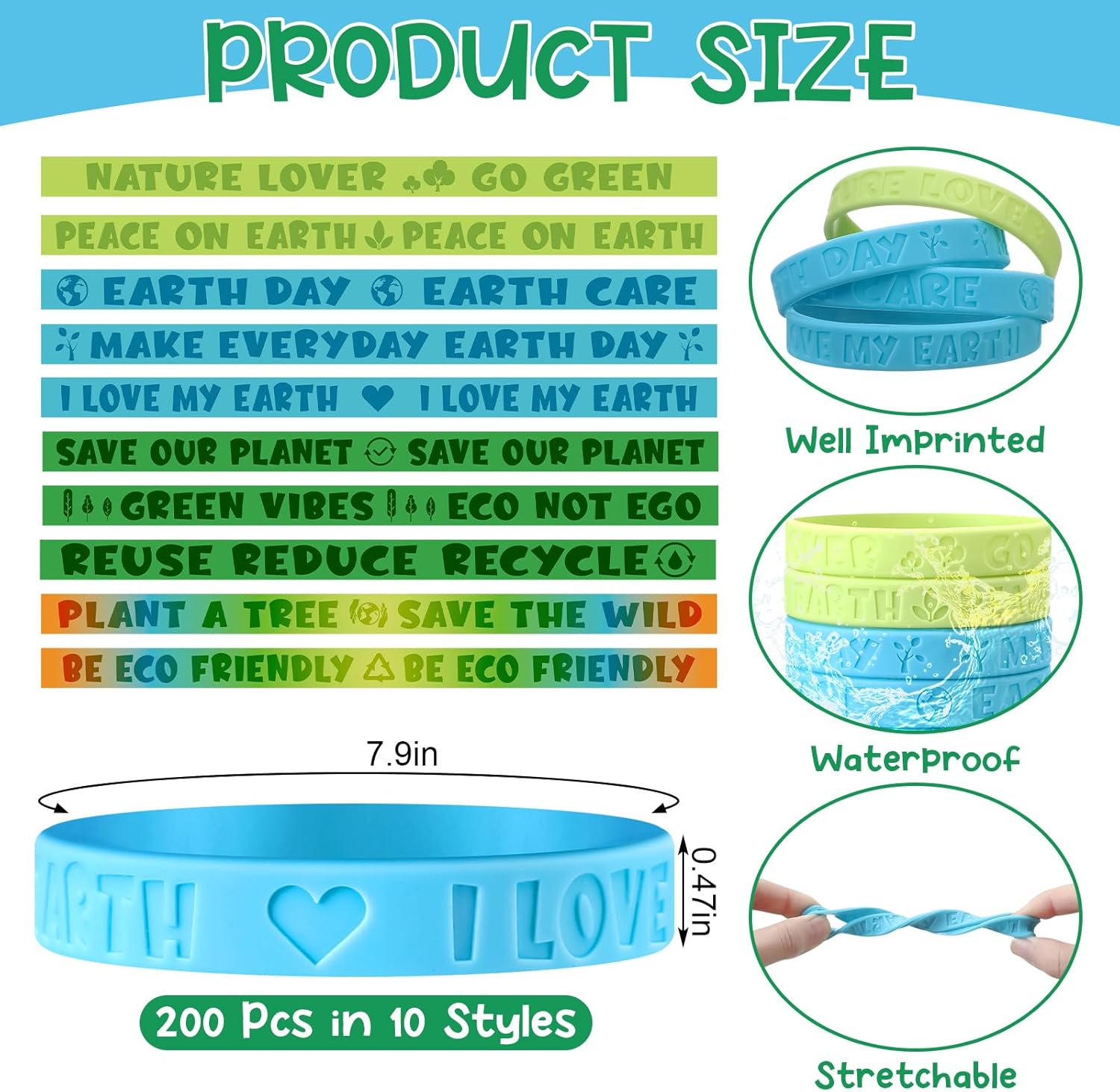 200 Pcs Earth Day Rubber Wristbands Bulk 10 Styles Happy Earth Day Silicone Bracelets Save The Planet Silicone Wristbands with Inspirational Sayings for Home Office Party Favor Gifts - Image 2