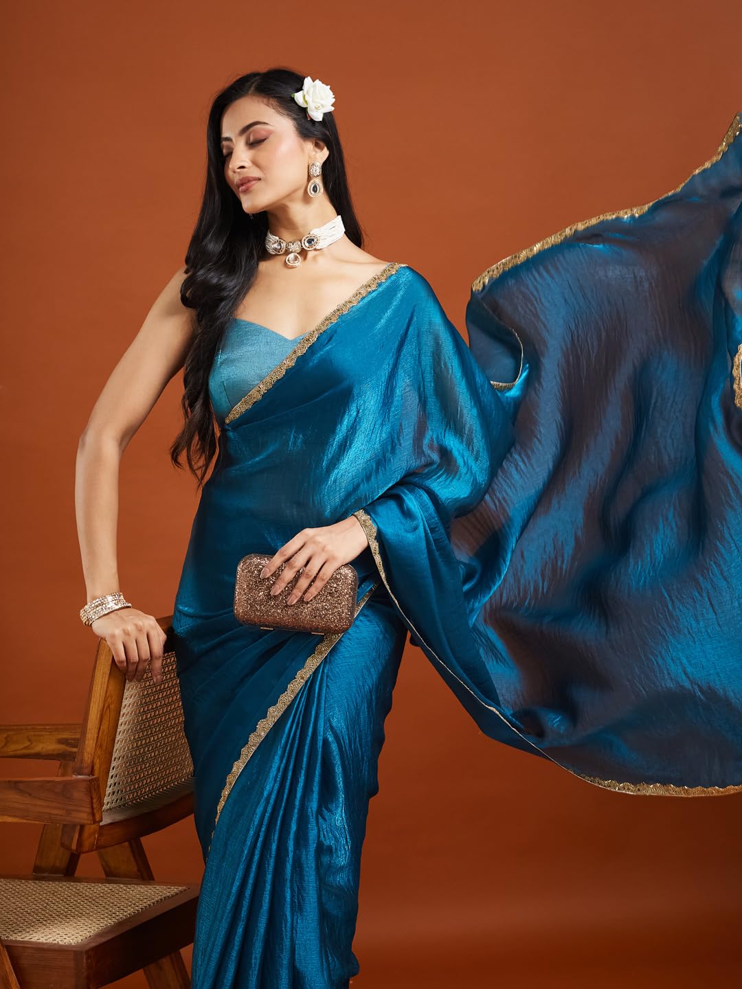LOROFY Women's Two Tone Fendy Chiffon Saree (Rama) - Image 3 thumbnail