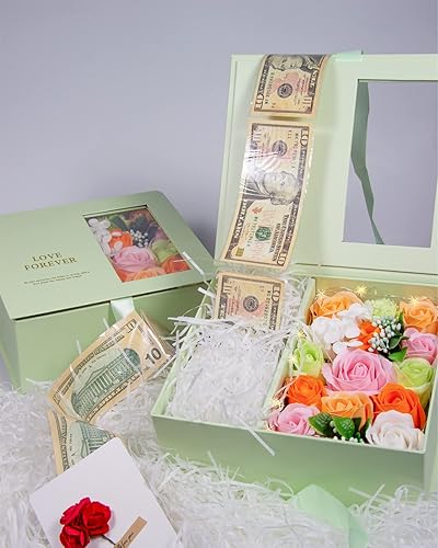 Miniatura 5 de Money Pull Box for Cash Gift - Gift Box with Lid and Ribbon Luxury Money Pull Out Flower Gift Box Unique Birthday Surprise Gift Green