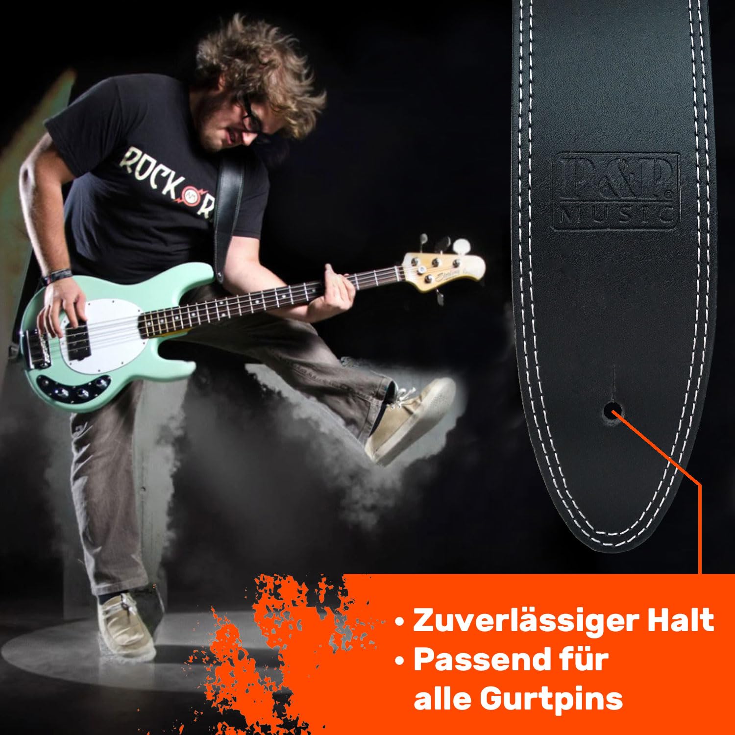 keepdrum personalisierter Gitarrengurt aus Echt-Leder Schwarz mit Wunsch-Text Gravur