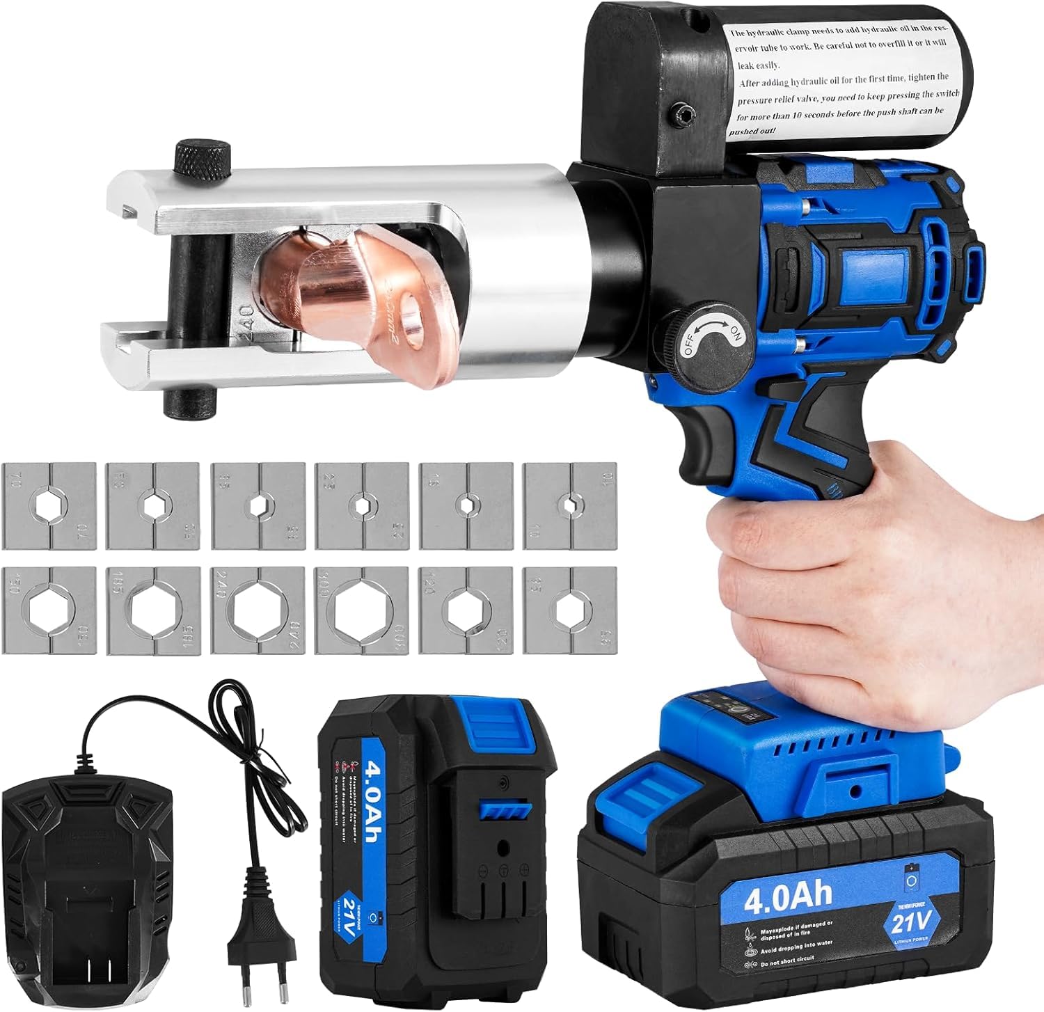 MXBAOHENG 60KN Pinza a crimpatrice idraulica ricaricabile 10-300 mm², 12 paia di matrici, Elettrica Pinze Idrauliche per Cavi Portatili Con 2 Batterie da 21 V 4 A per Capicorda In Rame e Alluminio