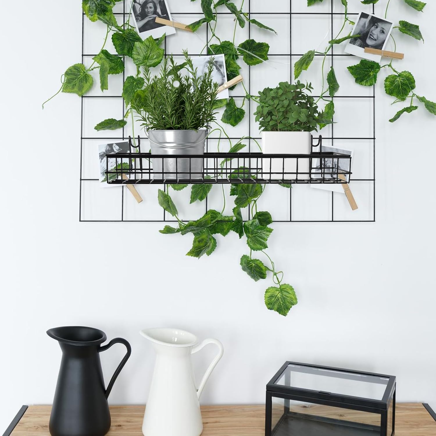 4 Pcs 15.75 x 3.94 x 1.97 Inch Metal Grid Wall Baskets with Hooks Grid Wall Shelves Hanging Wire Basket Multi Function Storage Organizer for Kitchen Organizing Display (Black)