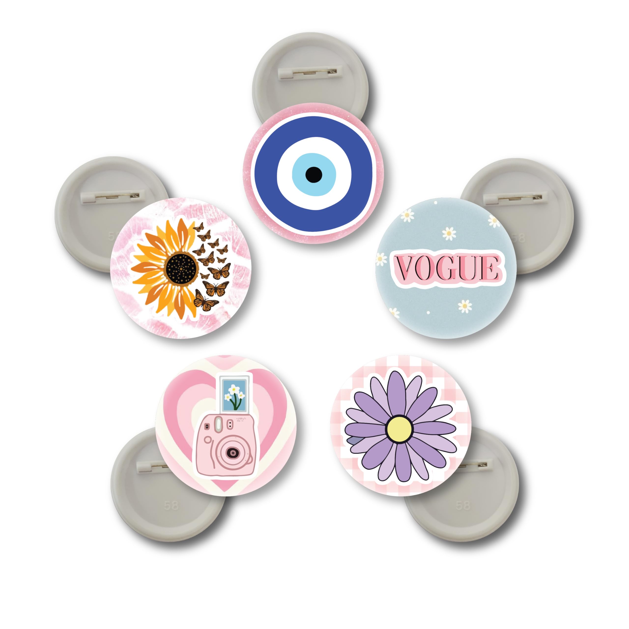 D2C 58mm Pastel Floral & Vogue Aesthetic Badges Pack of 5 Gloss Finish Stylish Pin-Back Badge for Bags Jackets T-Shirts Decoration Evil Eye, Sunflower, Camera, Daisy, Vogue Design-image-41