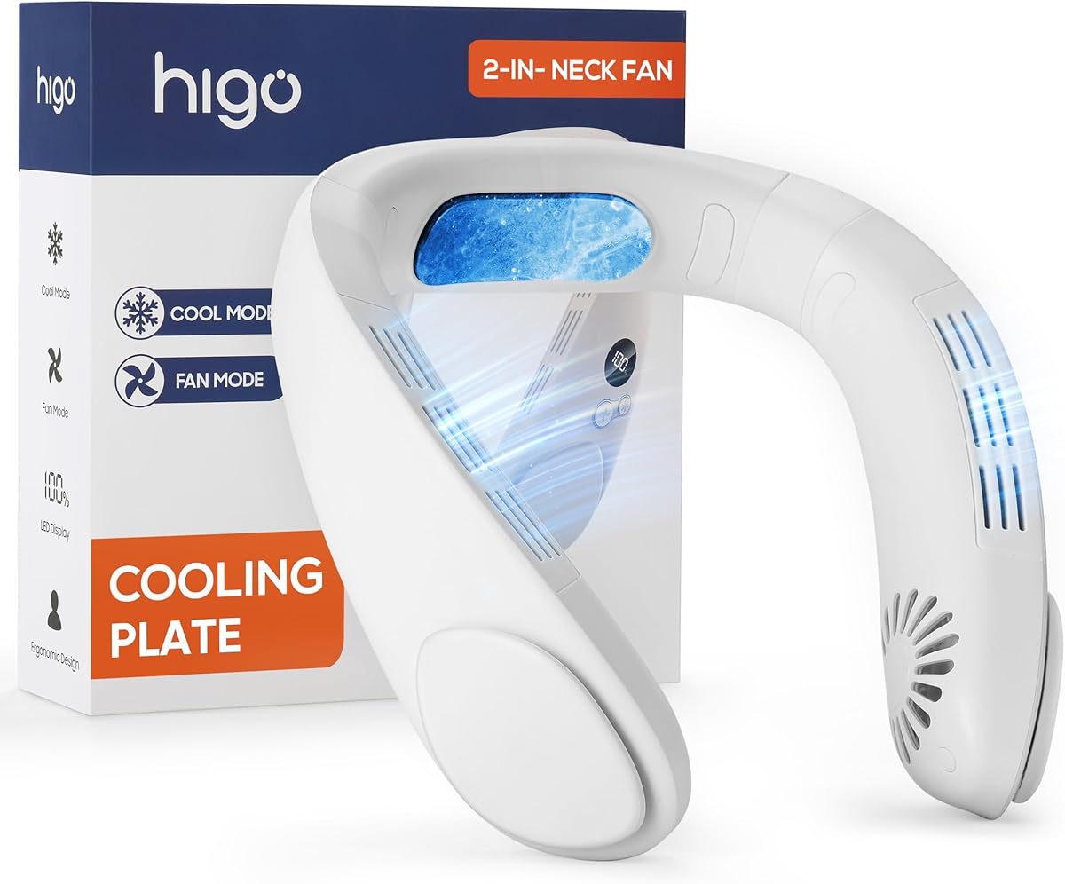 HIGO Neck Fan with Cooling Plate, Neck Air Conditioner, 2-in-1 Cooling Neck Fan Portable Rechargeable, Wearable Personal Fan, 4400mAh Large Battery, Ergonomic Design, White