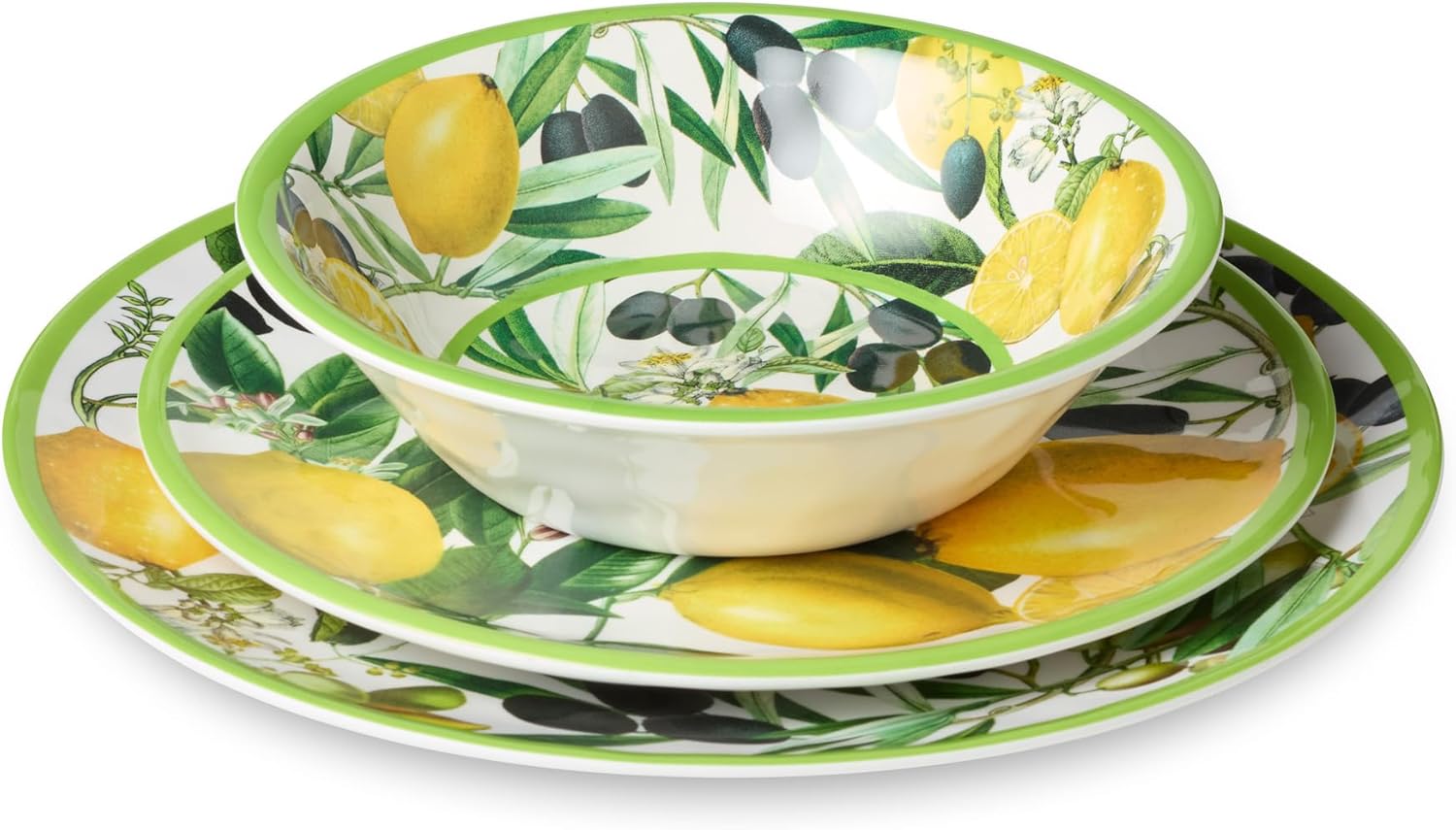 Limone 12-Piece Melamine Dinnerware Set - Citrus-Inspired, Service for 4, Durable, Shatterproof, Dishwasher-Safe Plates and Bowls for Everyday Dining, Outdoor Use, and Entertaining