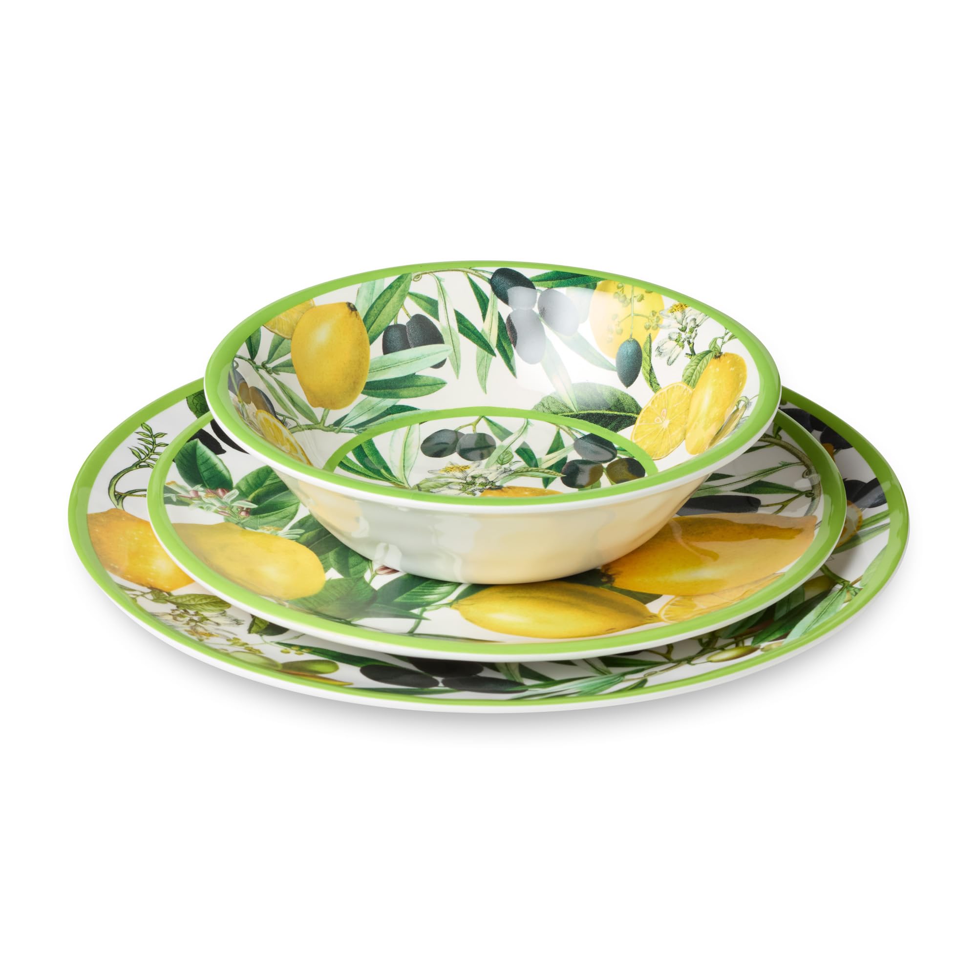 Limone - Juego de vajilla de melamina de 12 piezas, inspirado en cítricos, servicio para 4, duradero, inastillable, platos y cuencos aptos para lavavajillas para comer todos los días, uso al aire