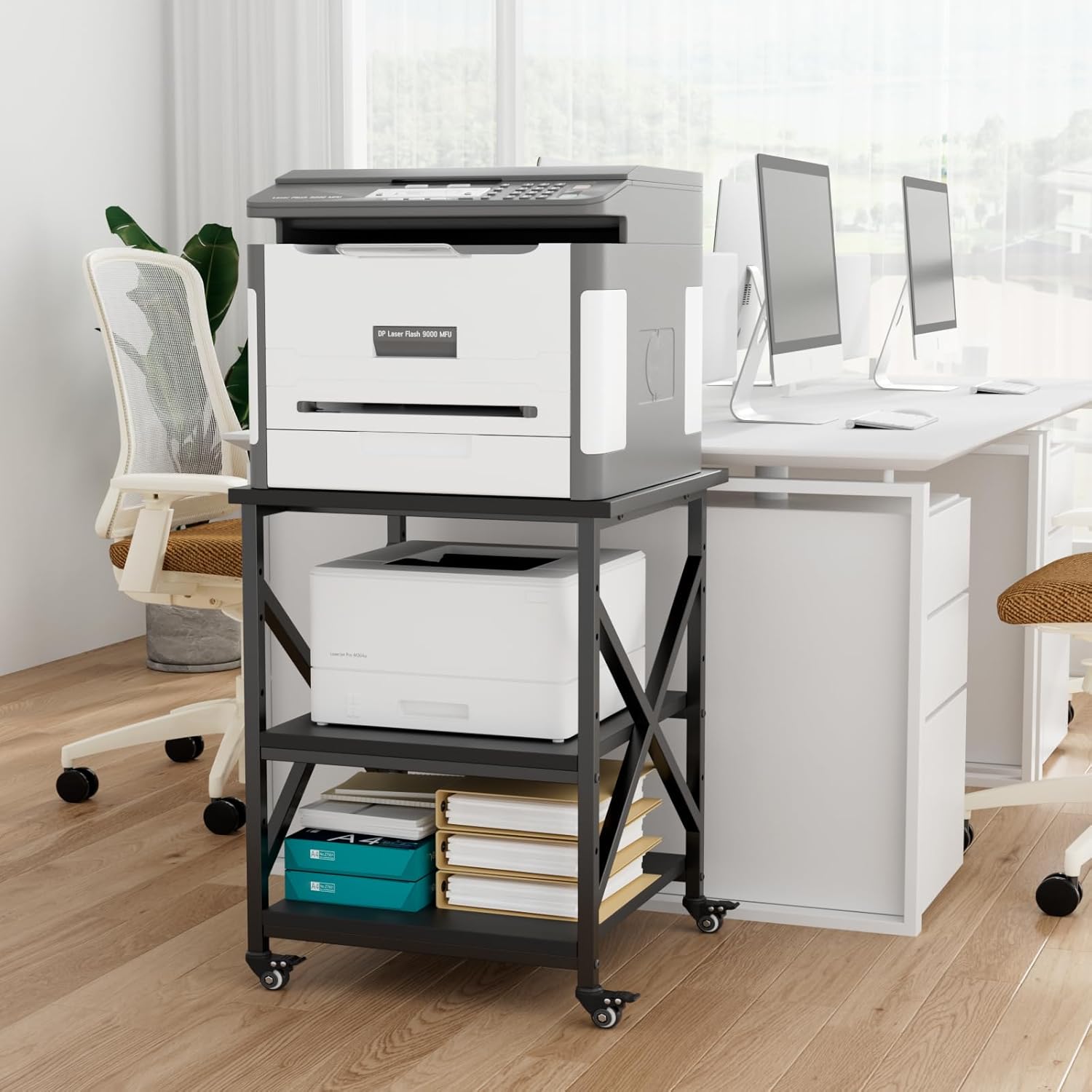 VOWNER Large Printer Stand with Power Outlet, 23.6 L x 23.6 W x 30.2 H inches, Heavy Duty 3 Tier Rolling Printer Cart with Height Adjustable Storage Shelves, 360° Lockable Wheels for Home Office