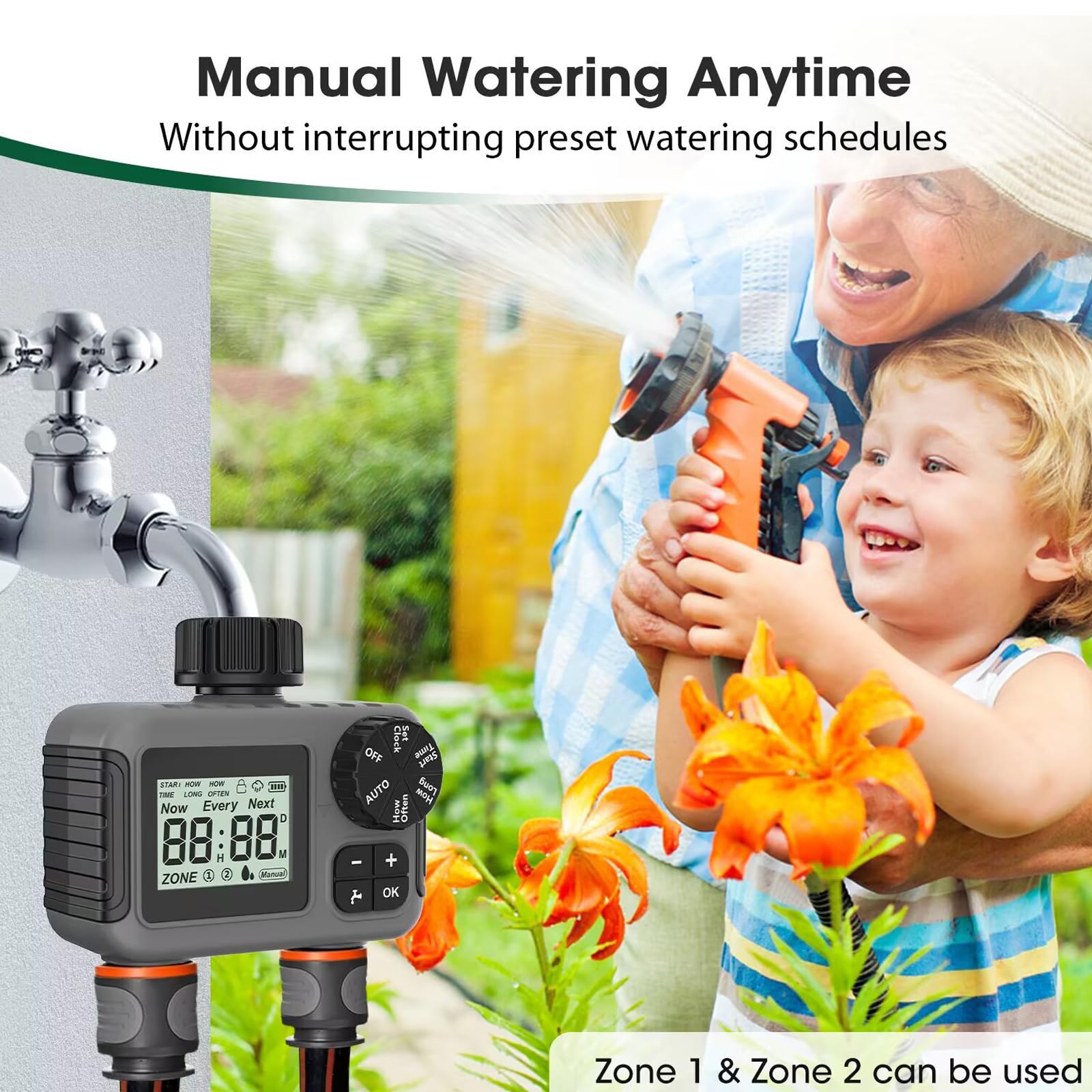 Timer automatico per irrigazione a 2 zone, per individui impegnati e appassionati di giardino domestico, manutenzione professionale del giardino