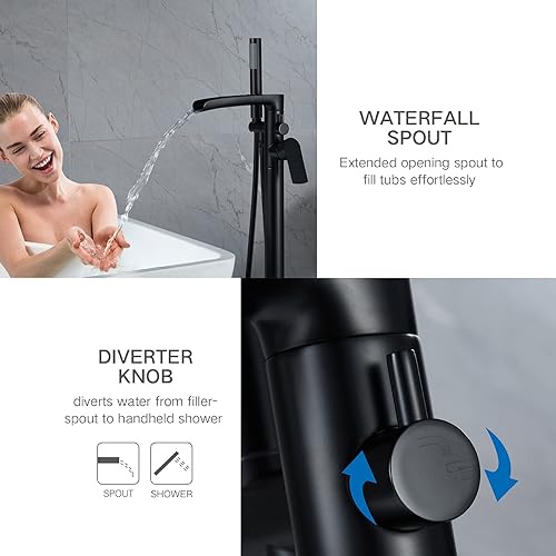 Miniatura 2 de TapLong Juego de grifo de bañera independiente en cascada de una sola manija para montaje en el suelo con ducha de mano, alto caudal máximo 6 GPM,