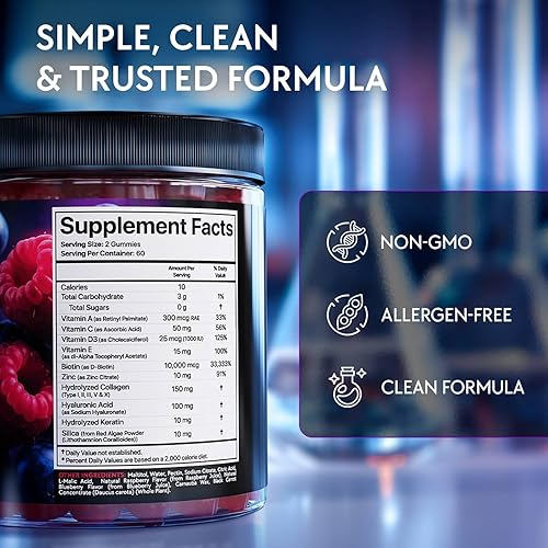 Miniatura 8 de Gomitas de biotina de 10000 mcg para apoyar el crecimiento del cabello, multicolágeno sin azúcar con queratina, sílice y ácido hialurónico, a base
