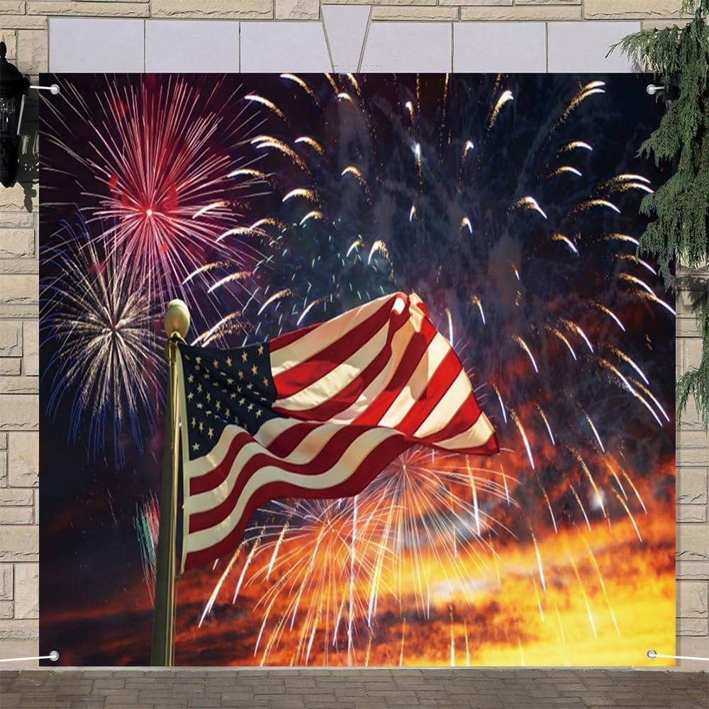 Leyiyi 7x8ft American Flag Garage Door Decorations Banner Fireworks Patriotic 4th of July Garage Door Cover Independence Day Garage Door Banner for Memorial Veterans Day Party Decoration Banner