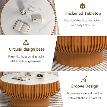 Fluted Round Coffee Table with Sintered Stone Tabletop, 31.5 Unique Fluted Coffee Table, Modern Circle Drum Center Table for Living Room Small Spaces, Easy Assembly (31.5)