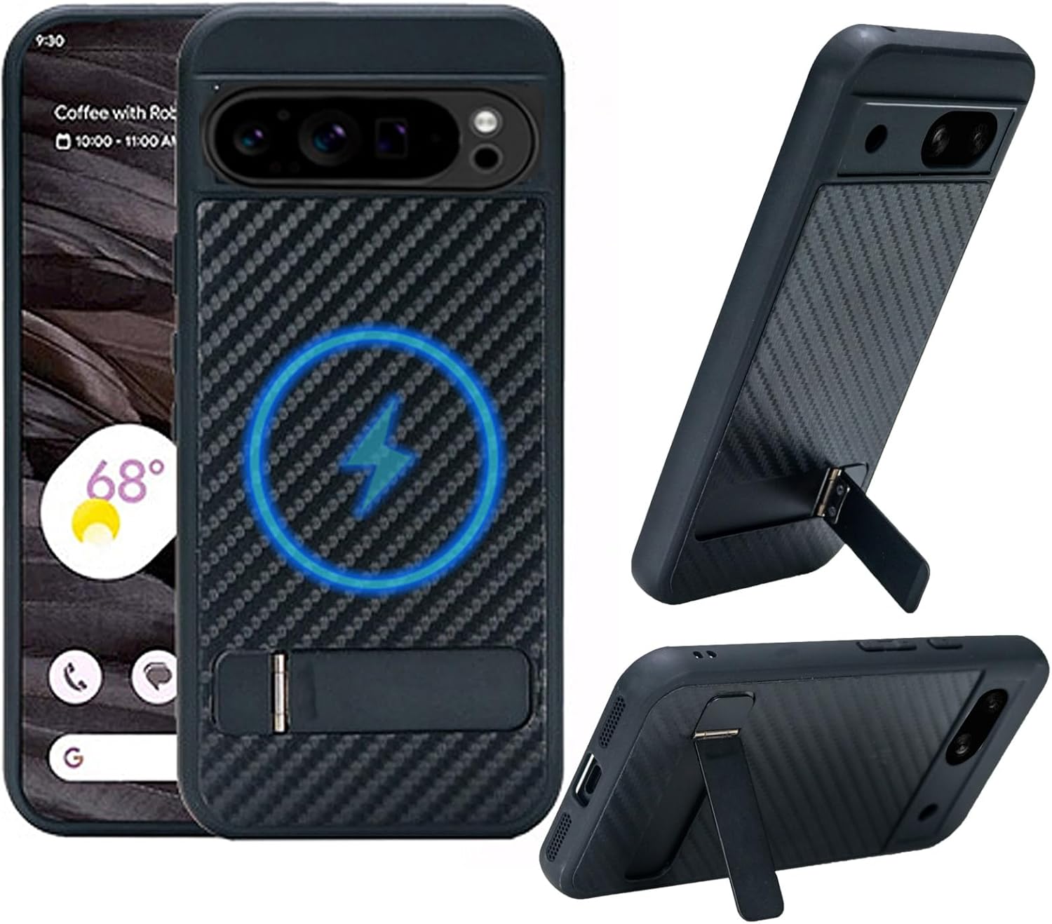 for Google Pixel 9 Pro XL Case Compatible with MagSafe, Built-in 3-Way Kickstand Carbon Fiber Texture Leather Back Military Grade Protection Strong Magnetic Phone Cover for Pixel 9 XL (Black)