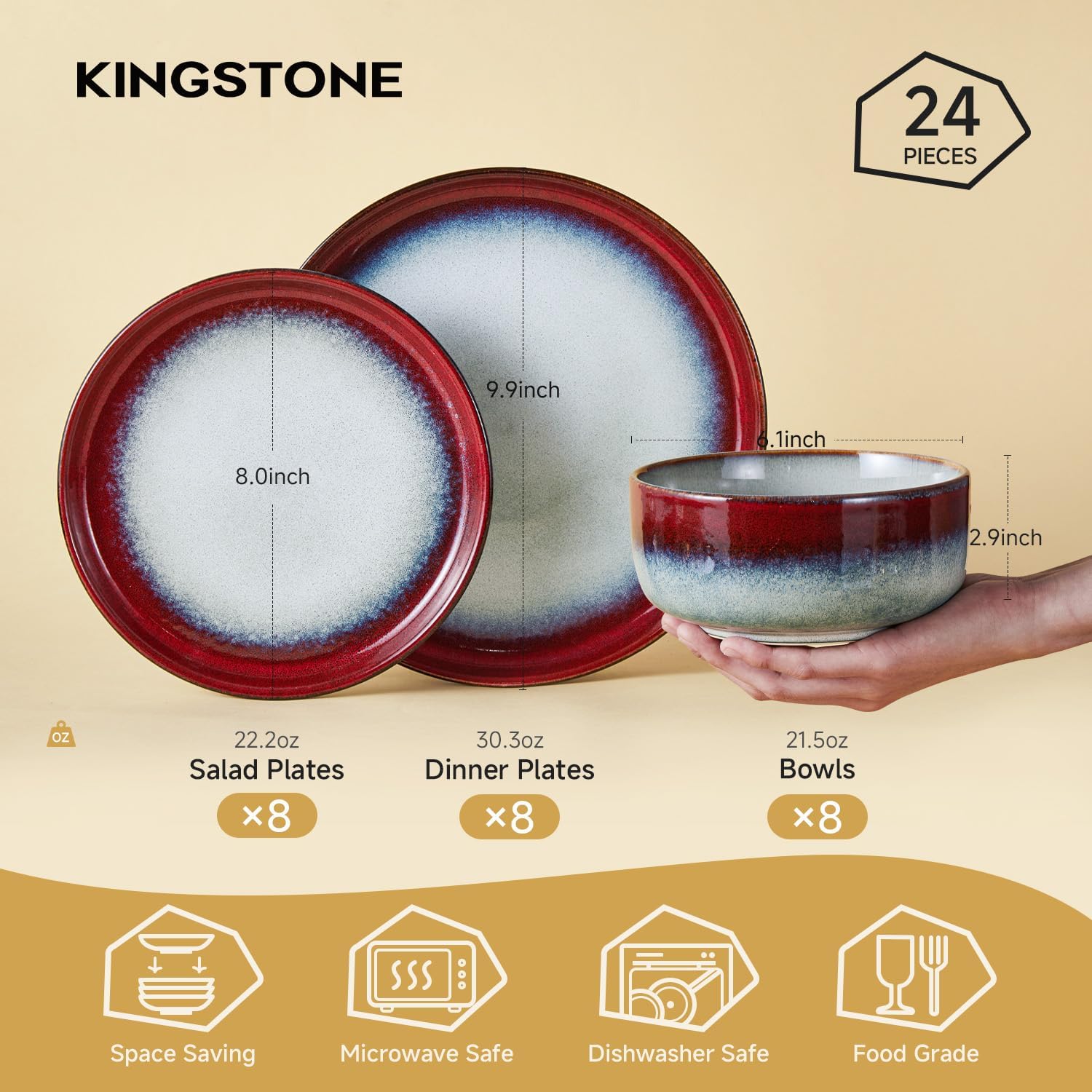 KINGSTONE Stoneware Dinnerware Sets for 8, 24-Piece Reactive Glaze Plates and Bowls Sets, Scratch-Resistant Rustic Ceramic Dish Set for Home Kitchen, Microwave and Dishwasher Safe, Kiln-Fired Red