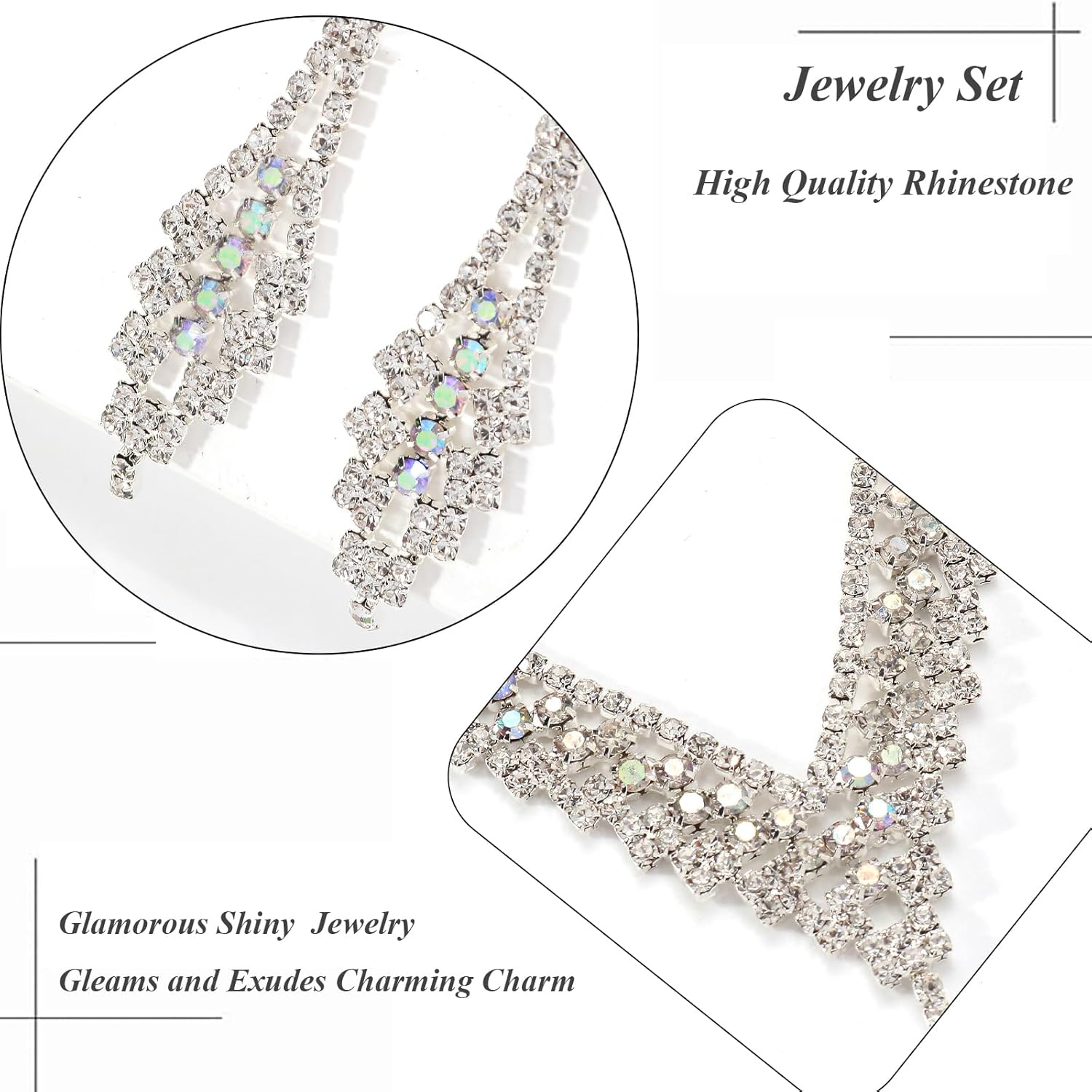 Jewelry Sets for Women, Silver Ab Rhinestone Bridal Wedding Jewelry Sets for Brides Teardrop Statement Necklace Dangle Earrings Set - Image 6