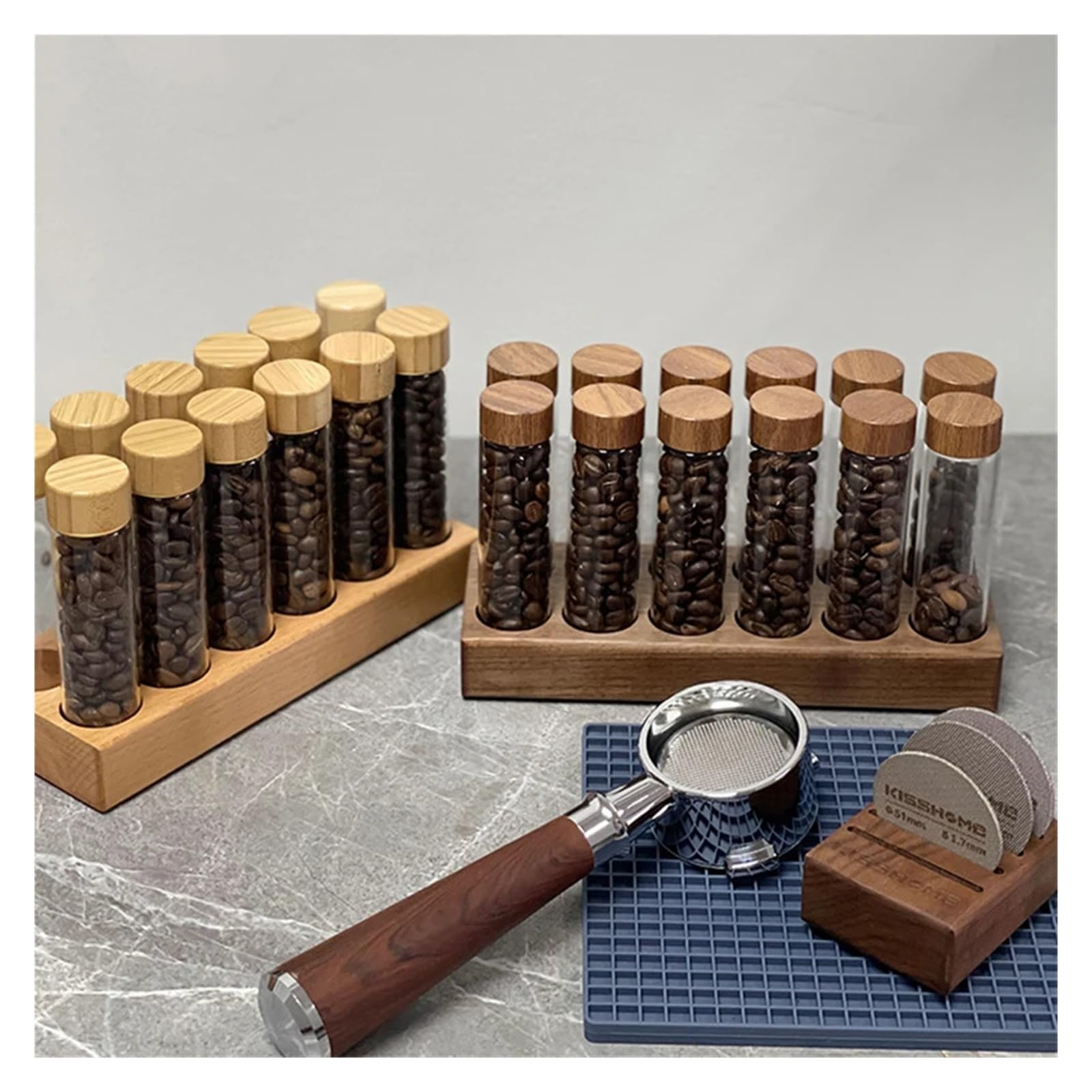 Tubo per chicchi di caffe, contenitore in vetro con imbuto KH-001 | Tubo monodose da 17g o 22g, base in noce, set in due pezzi, 6 o 12 fori(6 holes 17g Beech)