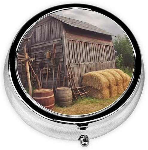 Pastillero redondo con estampado de granero de madera, 3 compartimentos, pastillero portátil para medicina diaria, suplemento vitamínico