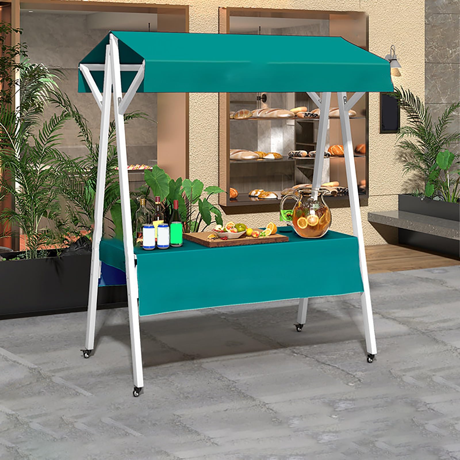 Carrello pieghevole portatile da esterno con tettoia e ruote per mercati ed eventi di street food, ideale per venditori e catering all'aperto
