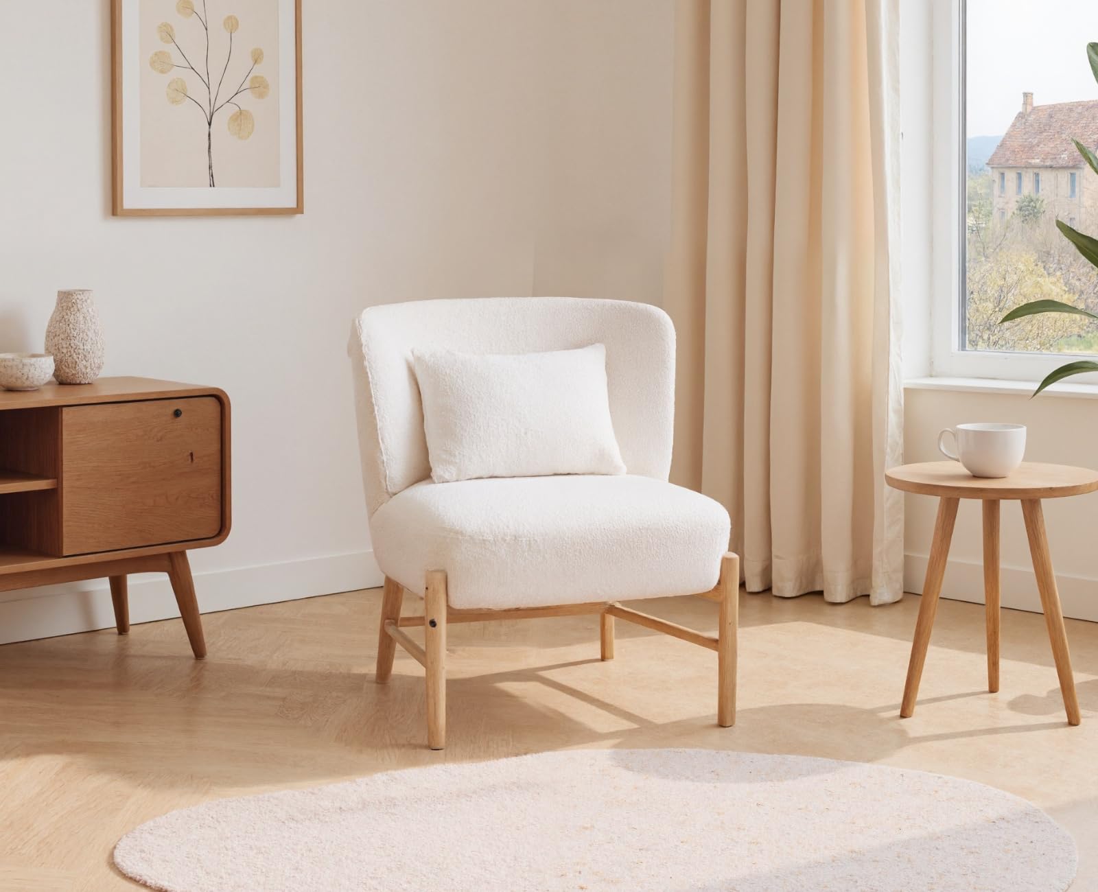 chairus Sedia da salotto con cuscino lombare, senza braccioli, in ciniglia, imbottita, con gambe in legno, colore: bianco