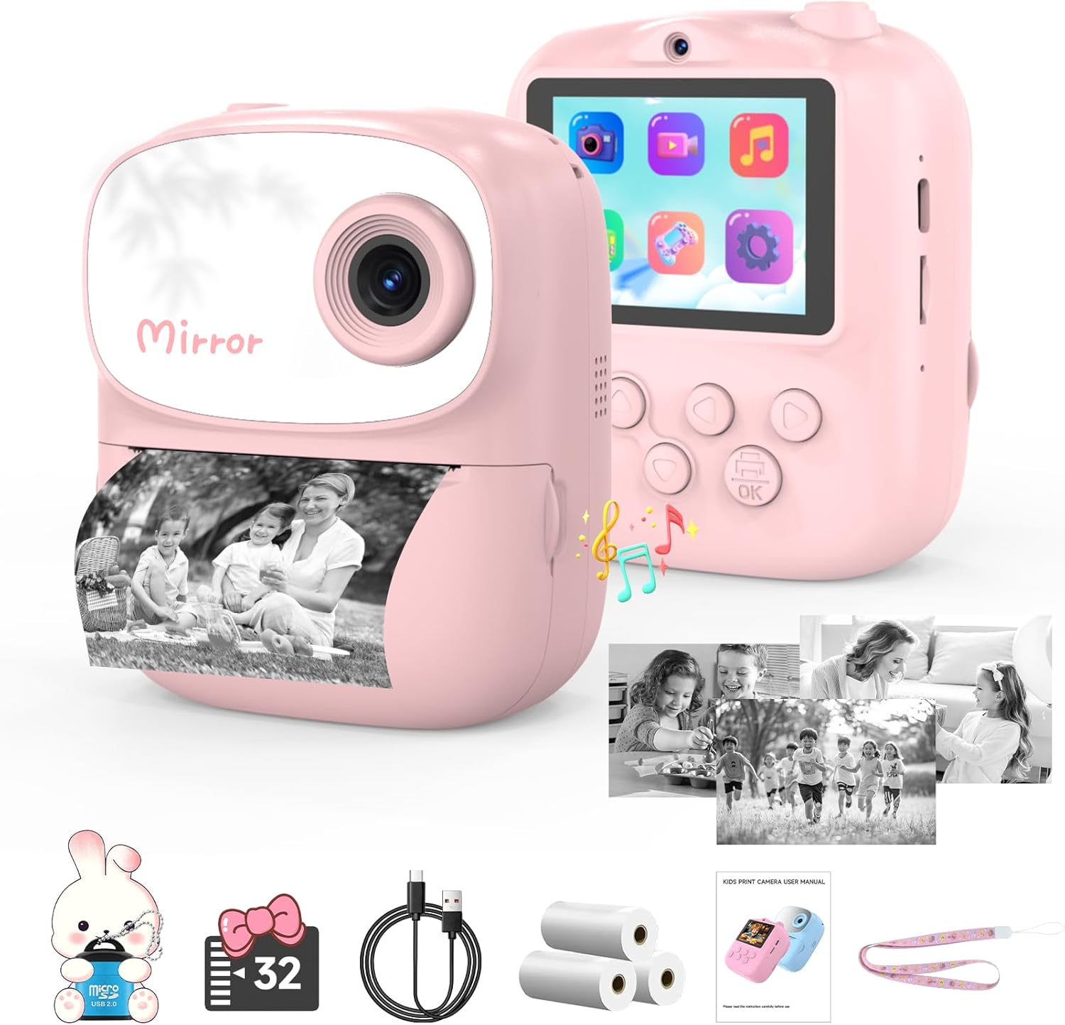 Kids Camera Instant Print for Kids with Mirror, HD Dual-Lens Selfie Digital Camera with 3 Rolls Print Paper & 32GB Card, Holiday Birthday Gifts Toys for Girls Boys Toddler.