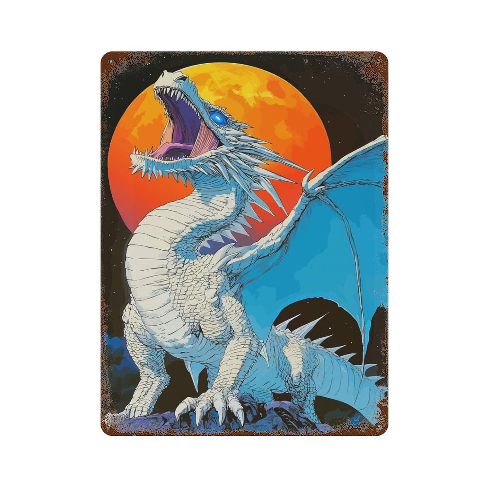 Aged Metal Wall Plaque with White Dragon Roaring at The Moon Design 15.7"x11.8", for Basement, Hobby Room And Garage Decor, Farmhouse Wall Decor