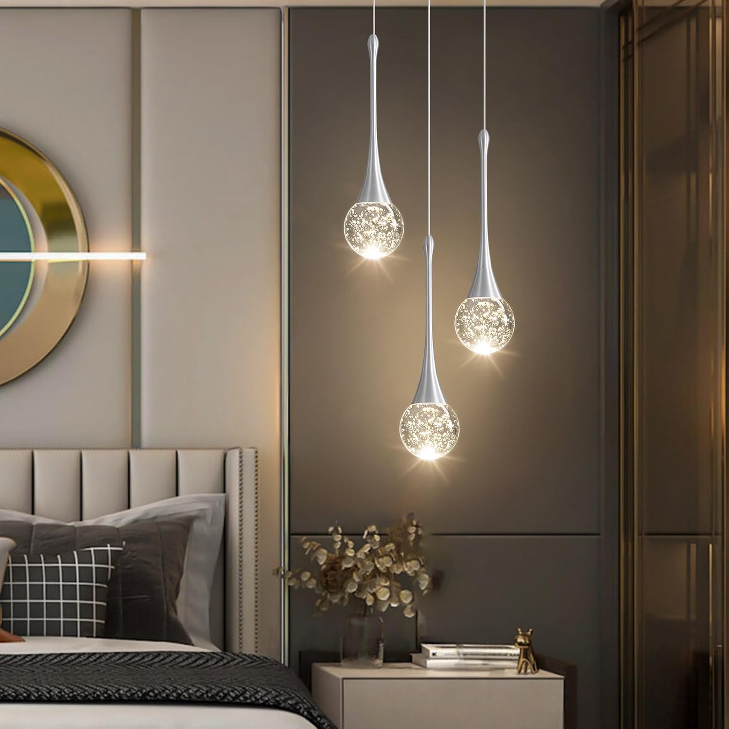 3-Lights Modern Pendant Lights for Kitchen Island LED Dimmable Crystal Glam Ceiling Pendant Lighting Chandelier for Dining Room Hallway Bedroom Corner Lamp Brushed Nickel