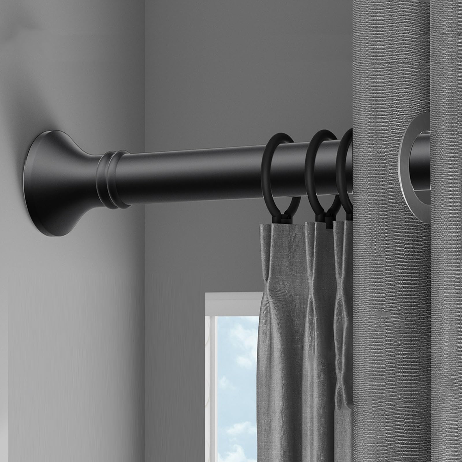 Exble Tringle à rideau télescopique réglable en acier inoxydable sans perçage pour salle de bain, placard, jardin (noir, 210-300 cm)