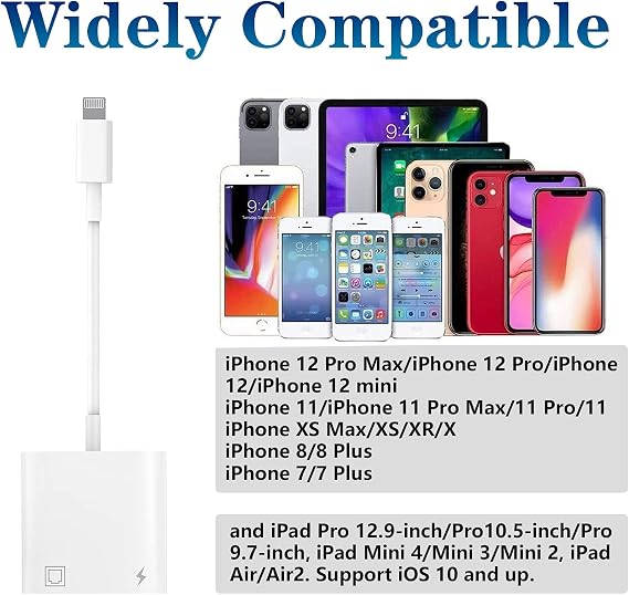 Apple MFi Certified Lightning to Ethernet Adapter - 2 in 1 RJ45 Ethernet LAN Network Adapter with Charge Port for iPhone/iPad/iPod, Plug and Play, Supports 100Mbps Network